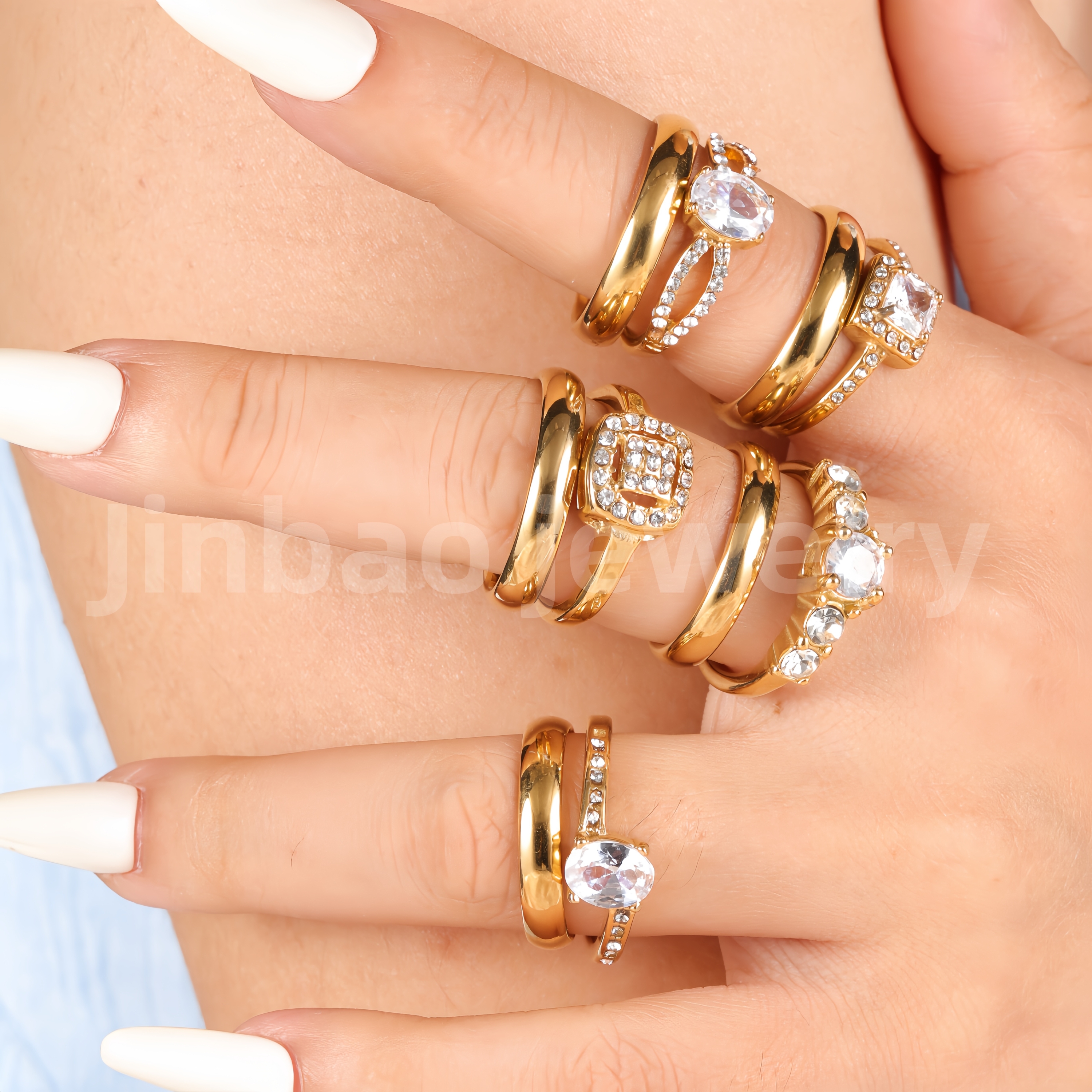 3 pc His & Her Gleaming Elegance Wedding Ring Set Hypoallergenic 24k Gold, Cubic Zirconia, Size 6-10-JinBaoJewerly