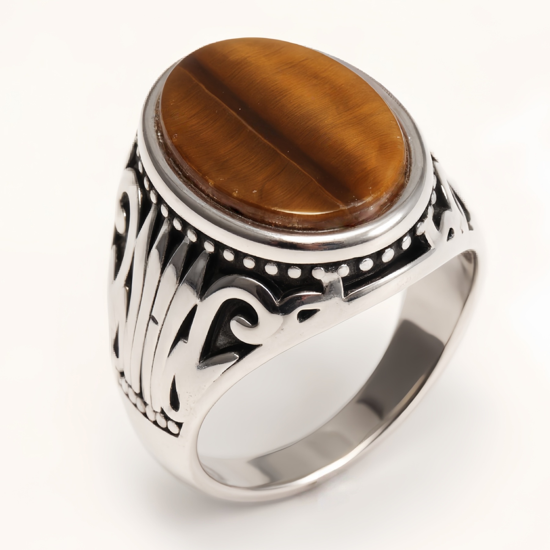 Silver - Inlaid Gemstone Carved Ring - Retro and Trendy Jewelry | K00680GH-JinBaoJewerly