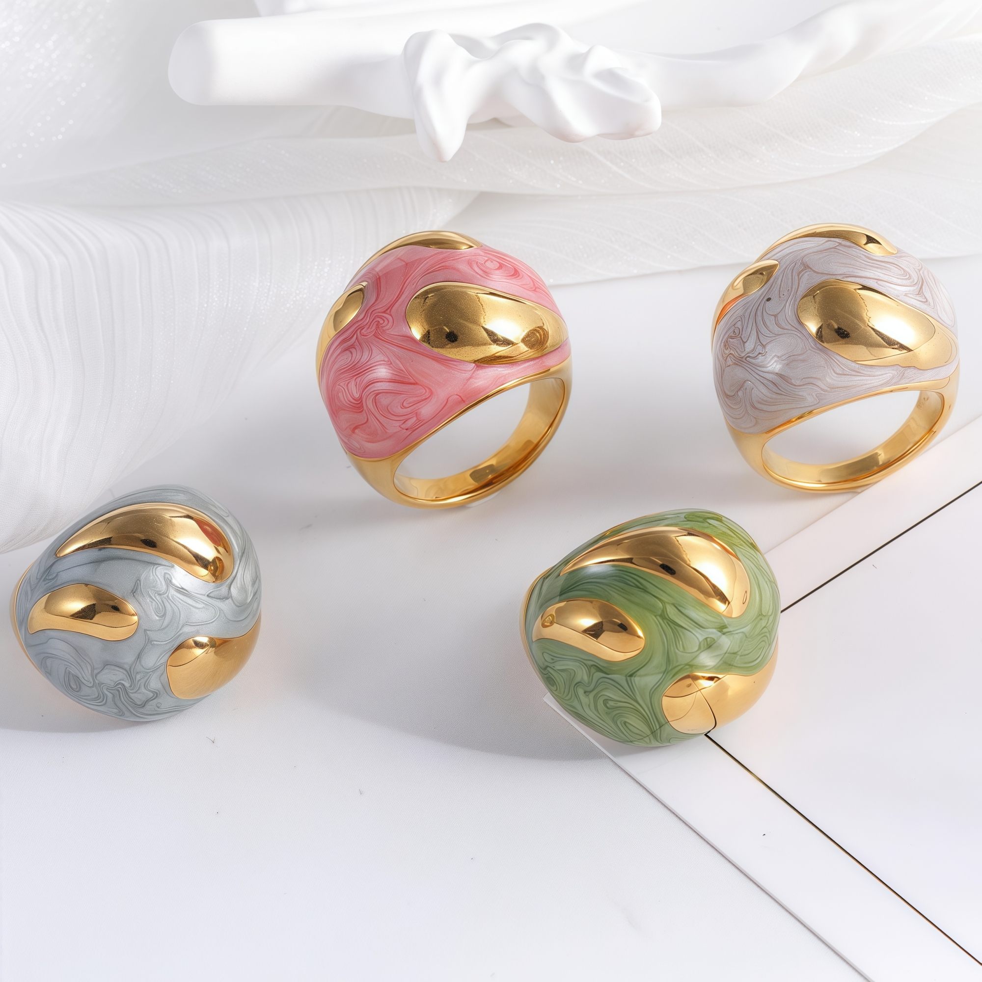 Colorful Marbled Resin Stainless Steel Ring with Gold Detail for Women | G004486-JinBaoJewerly