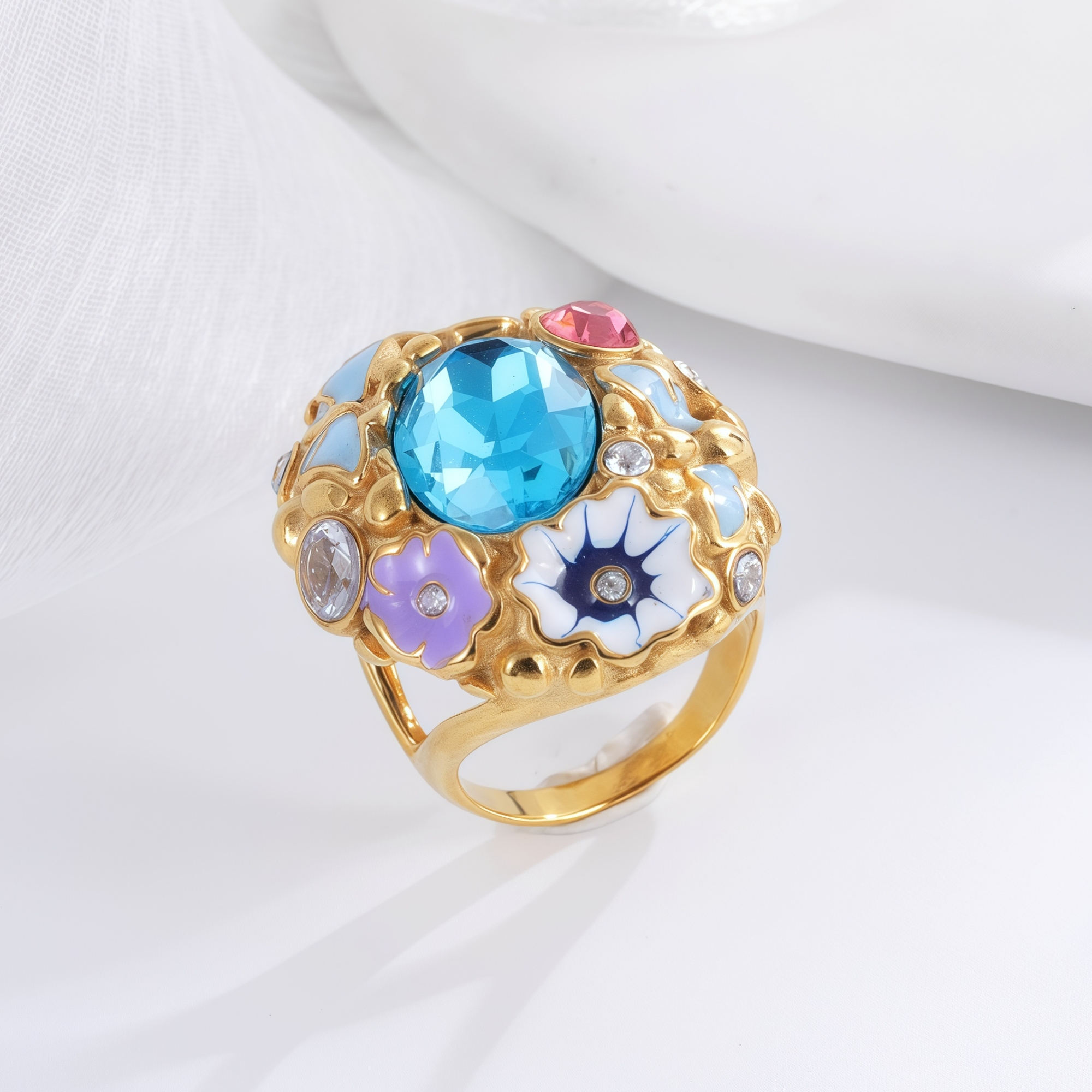 Colorful Gemstone Stainless Steel Ring with Floral Design Classic Fashion for Women | G004476-JinBaoJewerly