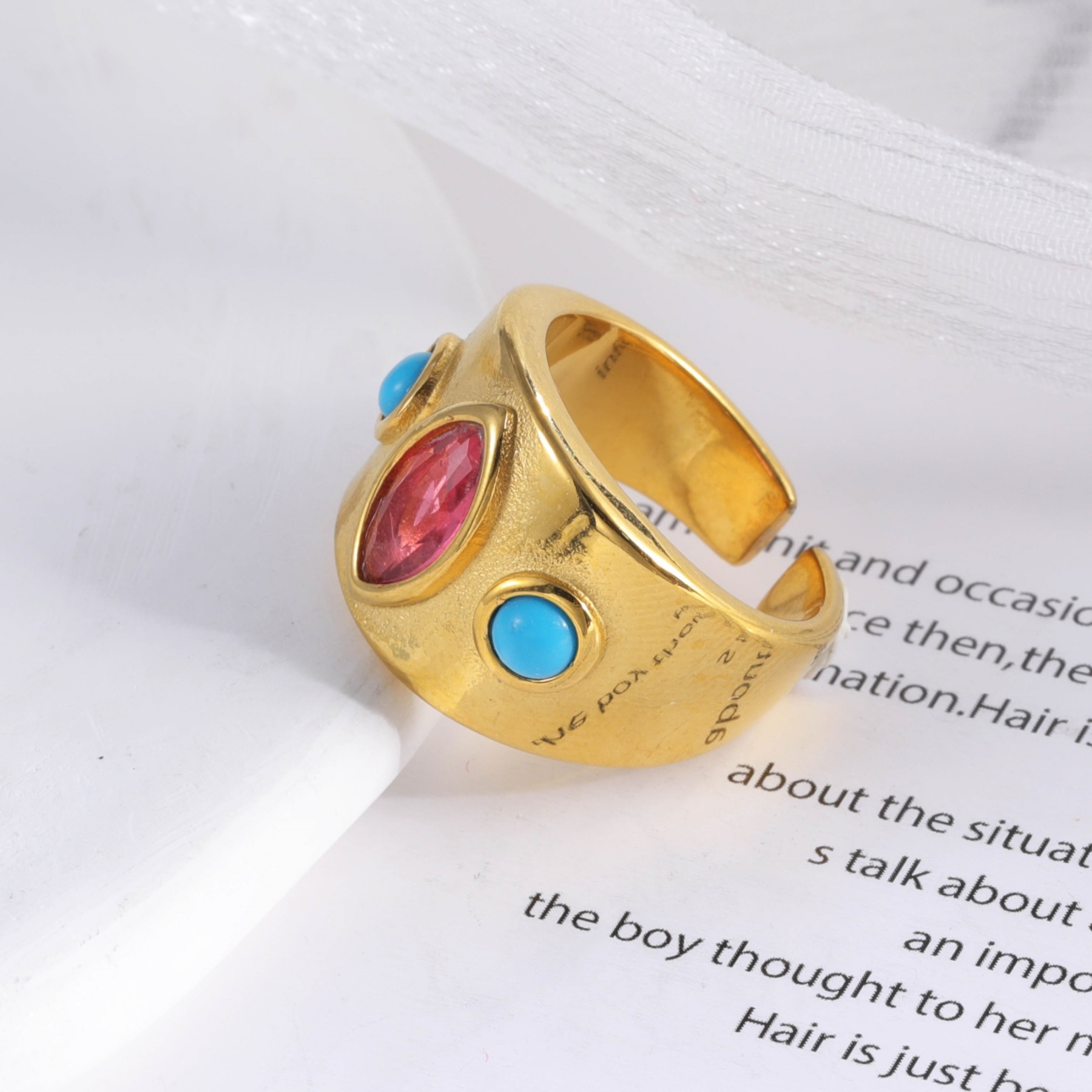 24K Gold-Plated Gem-Set Stainless Steel Unisex Waterproof Ring With Open Opening丨G003334-JinBaoJewerly