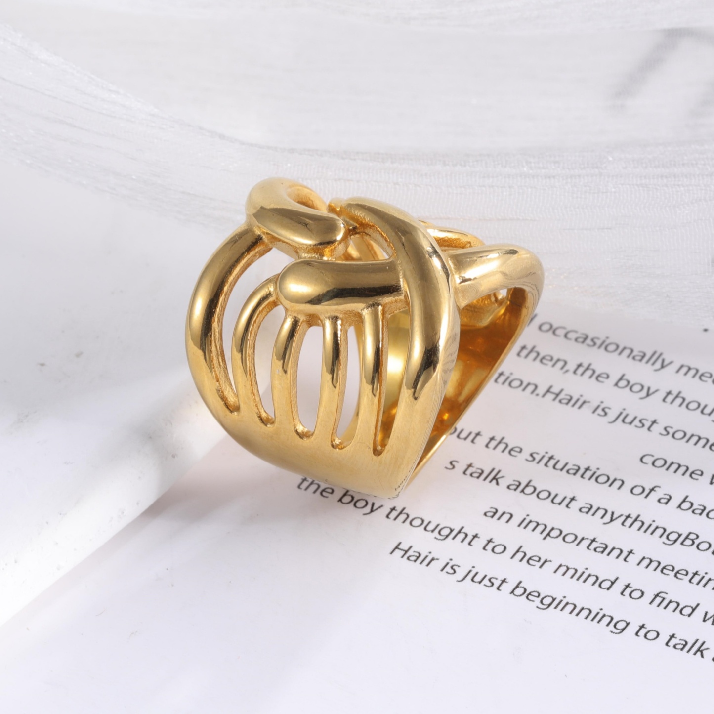 Creative Knitting Design 24k Gold-Plated Women's Stainless Steel Waterproof Ring丨G003167-JinBaoJewerly