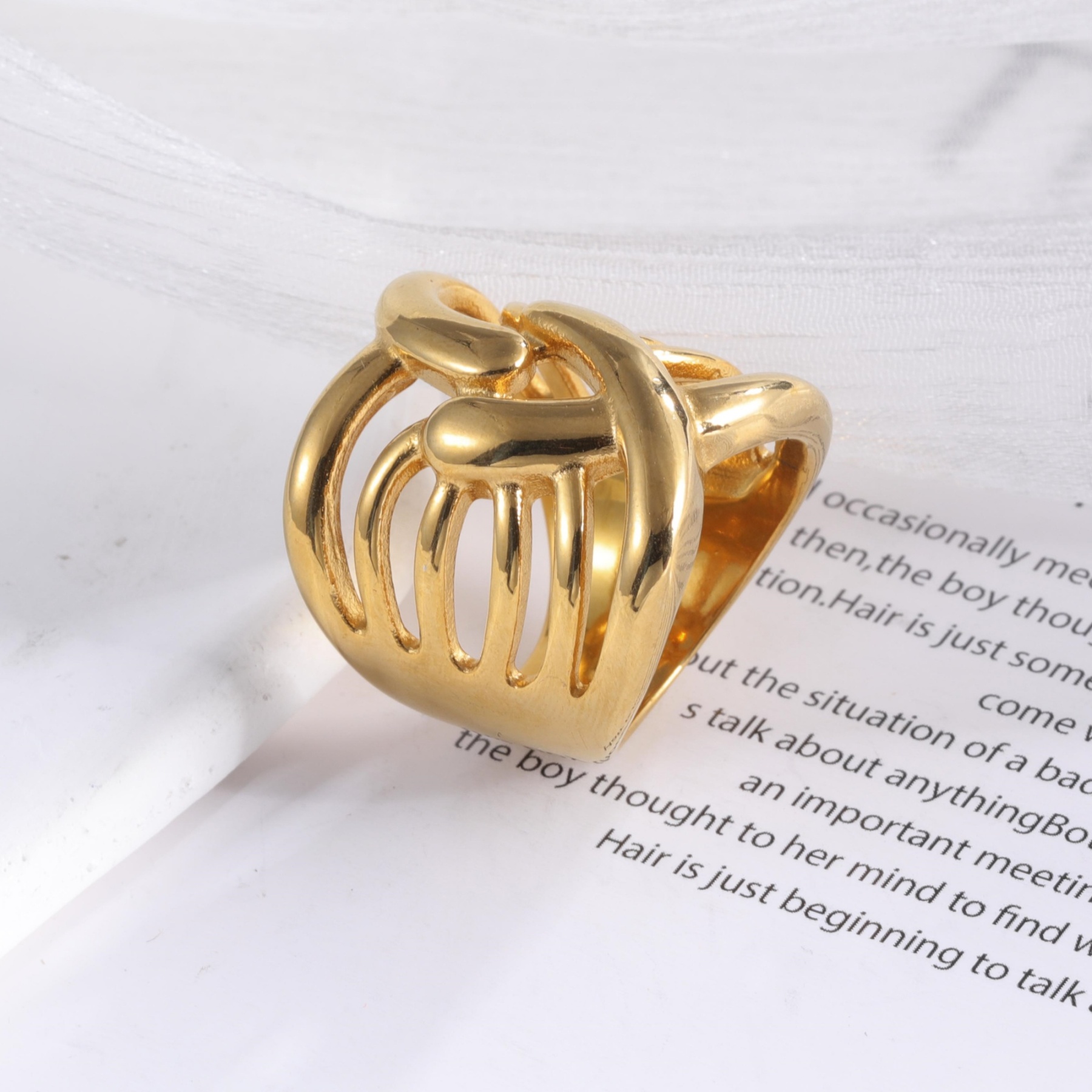 Creative Knitting Design 24k Gold-Plated Women's Stainless Steel Waterproof Ring丨G003167-JinBaoJewerly