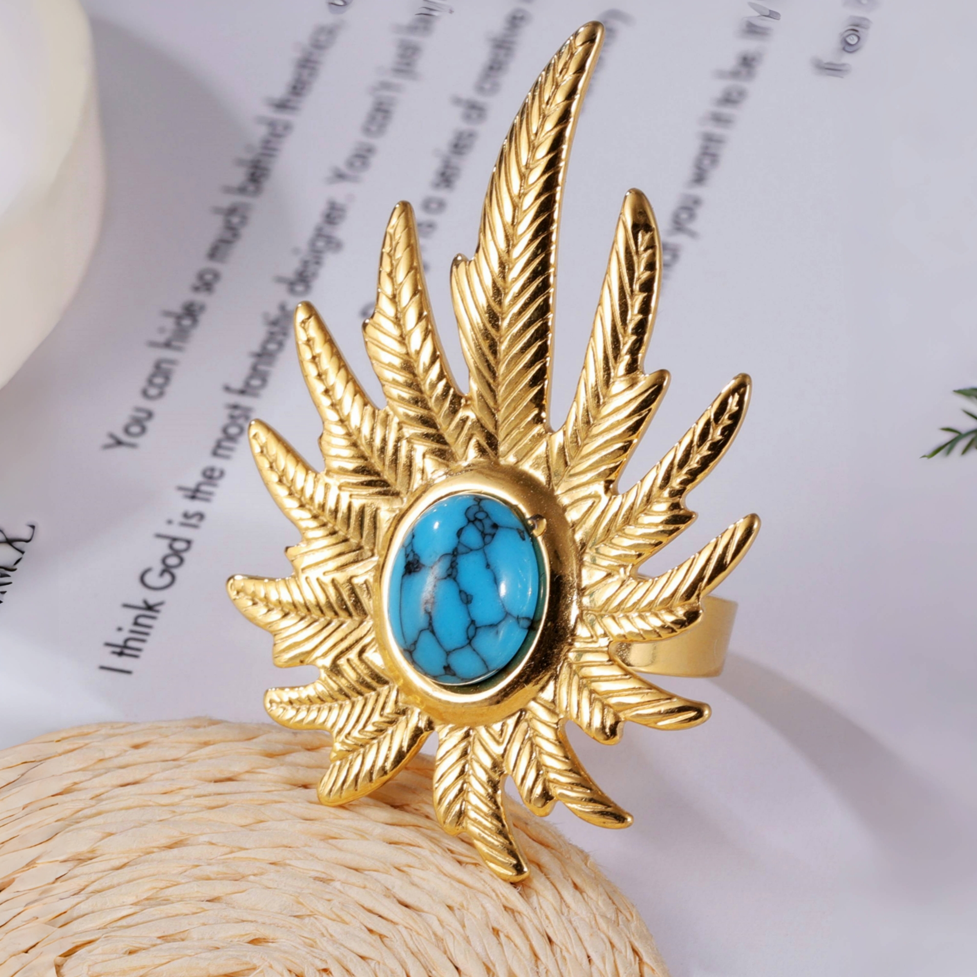 Bohemian Style Blue Gemstone Decoration Stainless Steel Women's Waterproof Ring丨G0054314-JinBaoJewerly