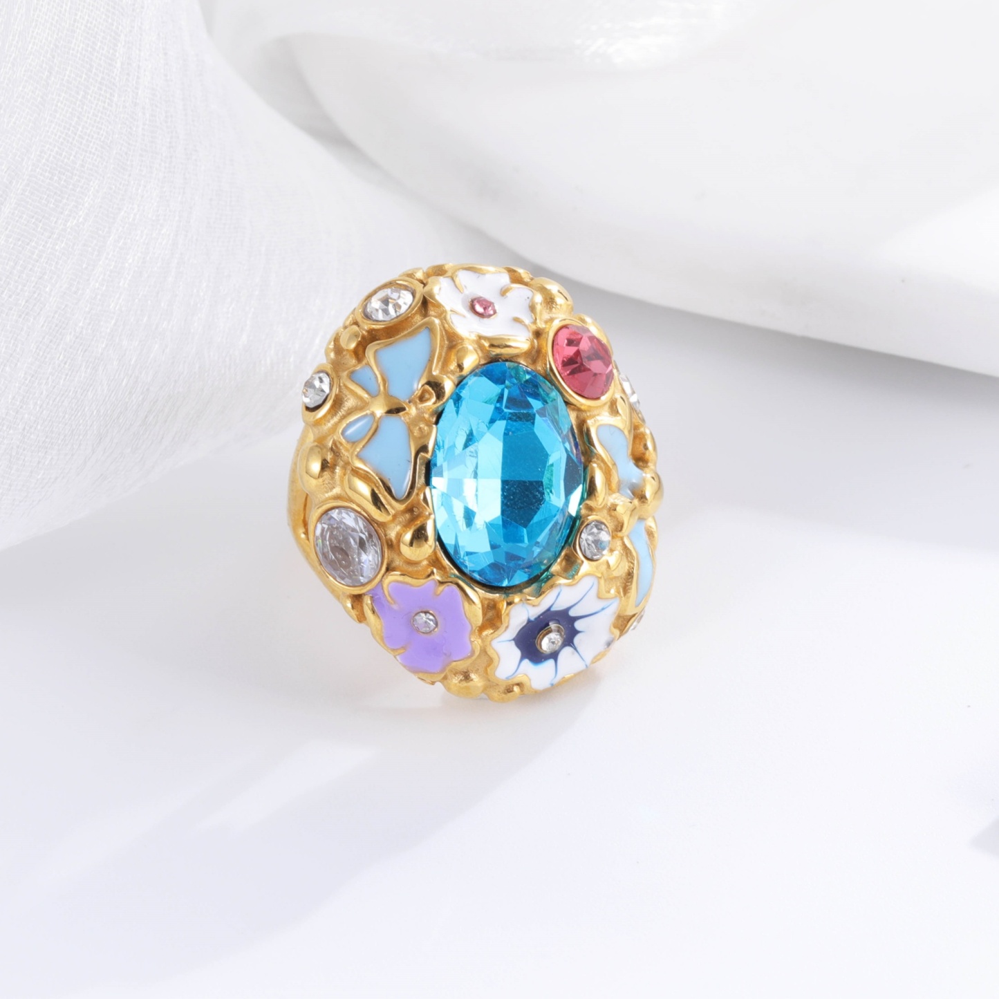 Colorful Gemstone Stainless Steel Ring with Floral Design Classic Fashion for Women | G004476-JinBaoJewerly