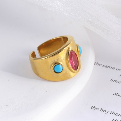 24K Gold-Plated Gem-Set Stainless Steel Unisex Waterproof Ring With Open Opening丨G003334-JinBaoJewerly