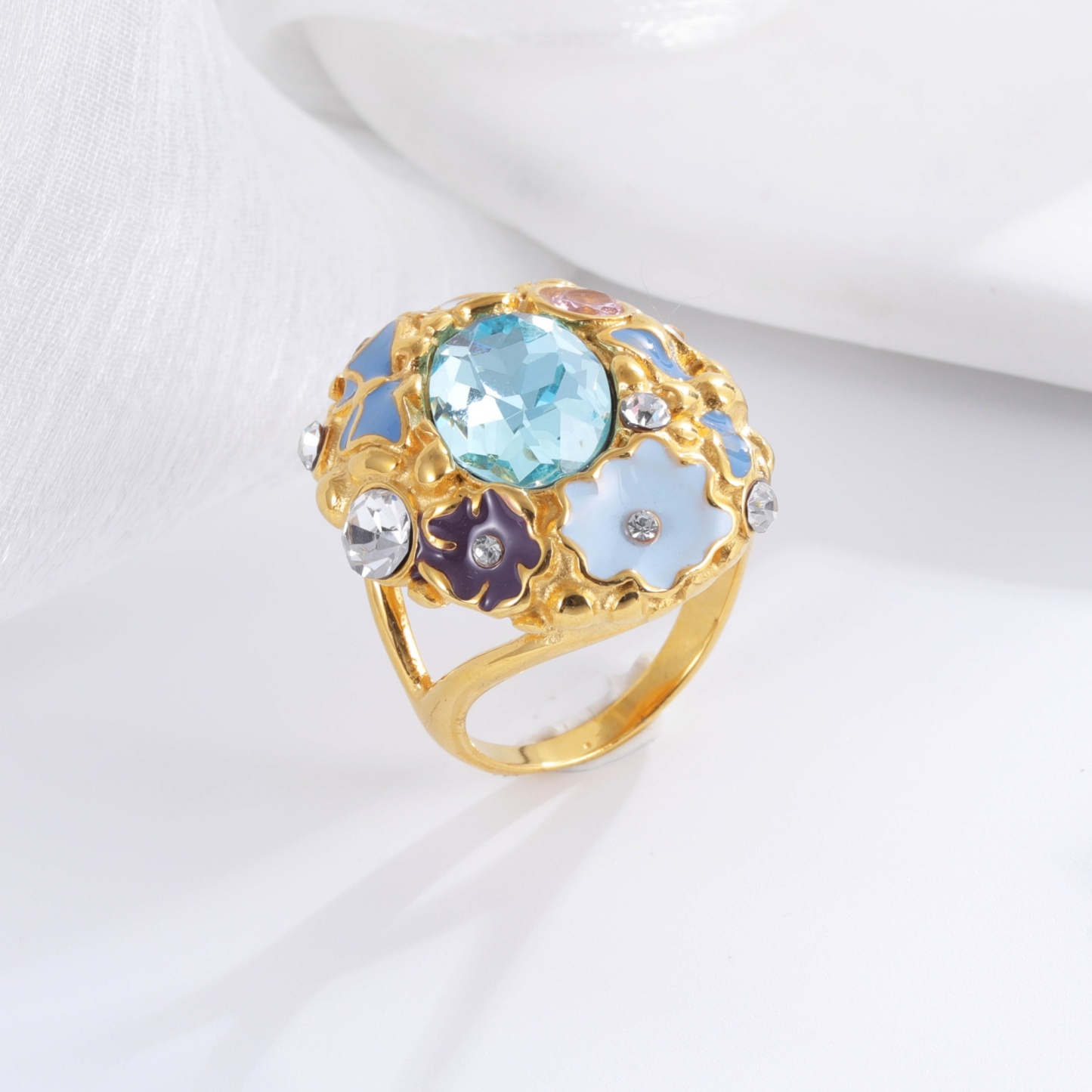 Colorful Gemstone Stainless Steel Ring with Floral Design Classic Fashion for Women | G004476-JinBaoJewerly
