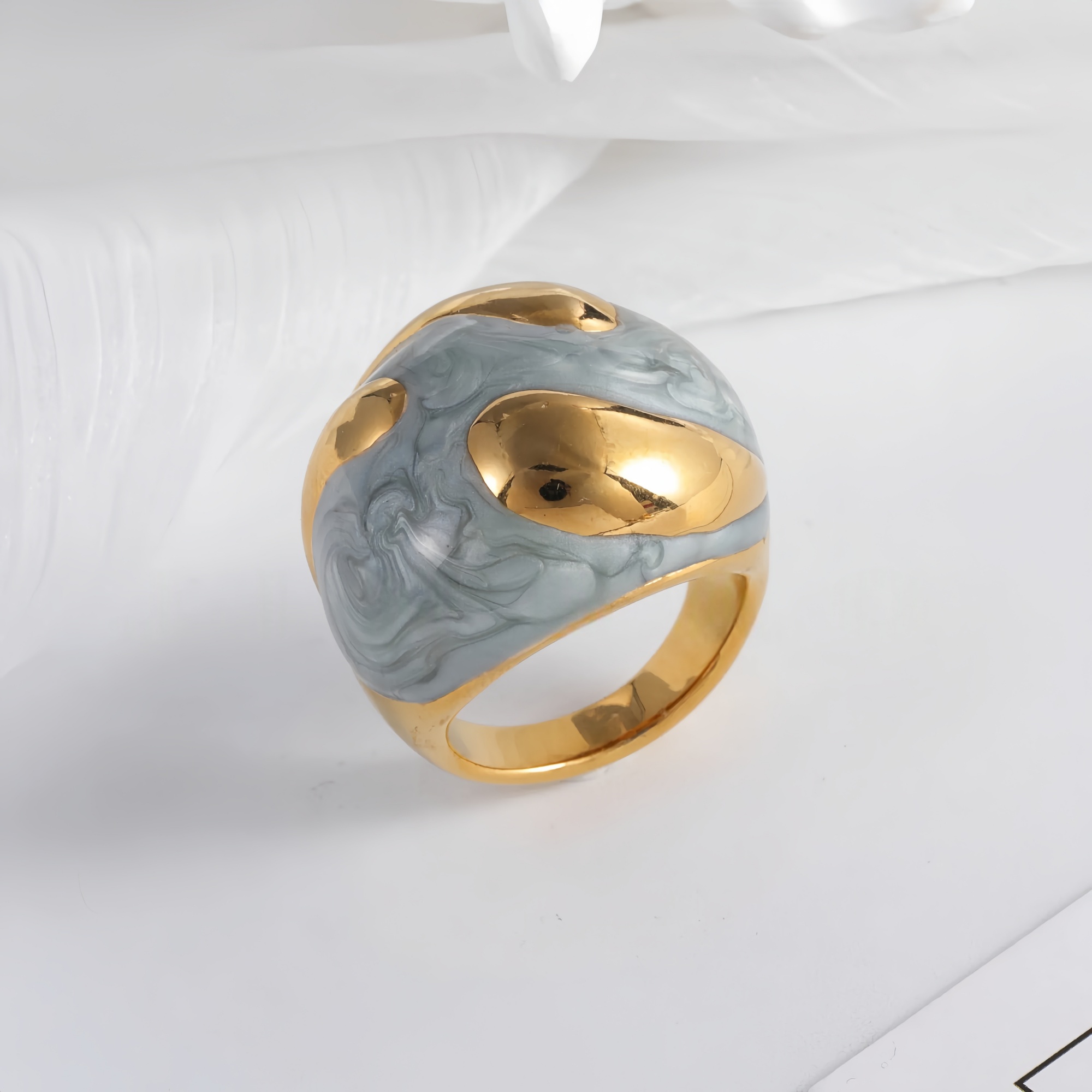 Colorful Marbled Resin Stainless Steel Ring with Gold Detail for Women | G004486-JinBaoJewerly