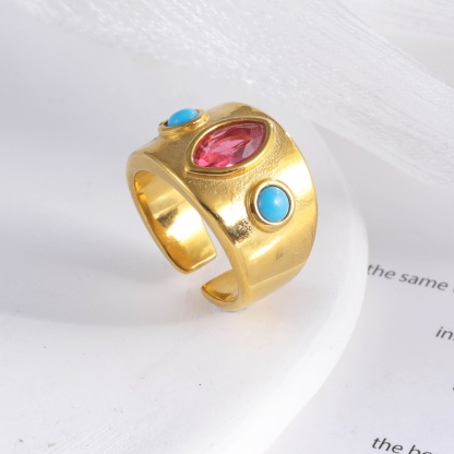 24K Gold-Plated Gem-Set Stainless Steel Unisex Waterproof Ring With Open Opening丨G003334-JinBaoJewerly