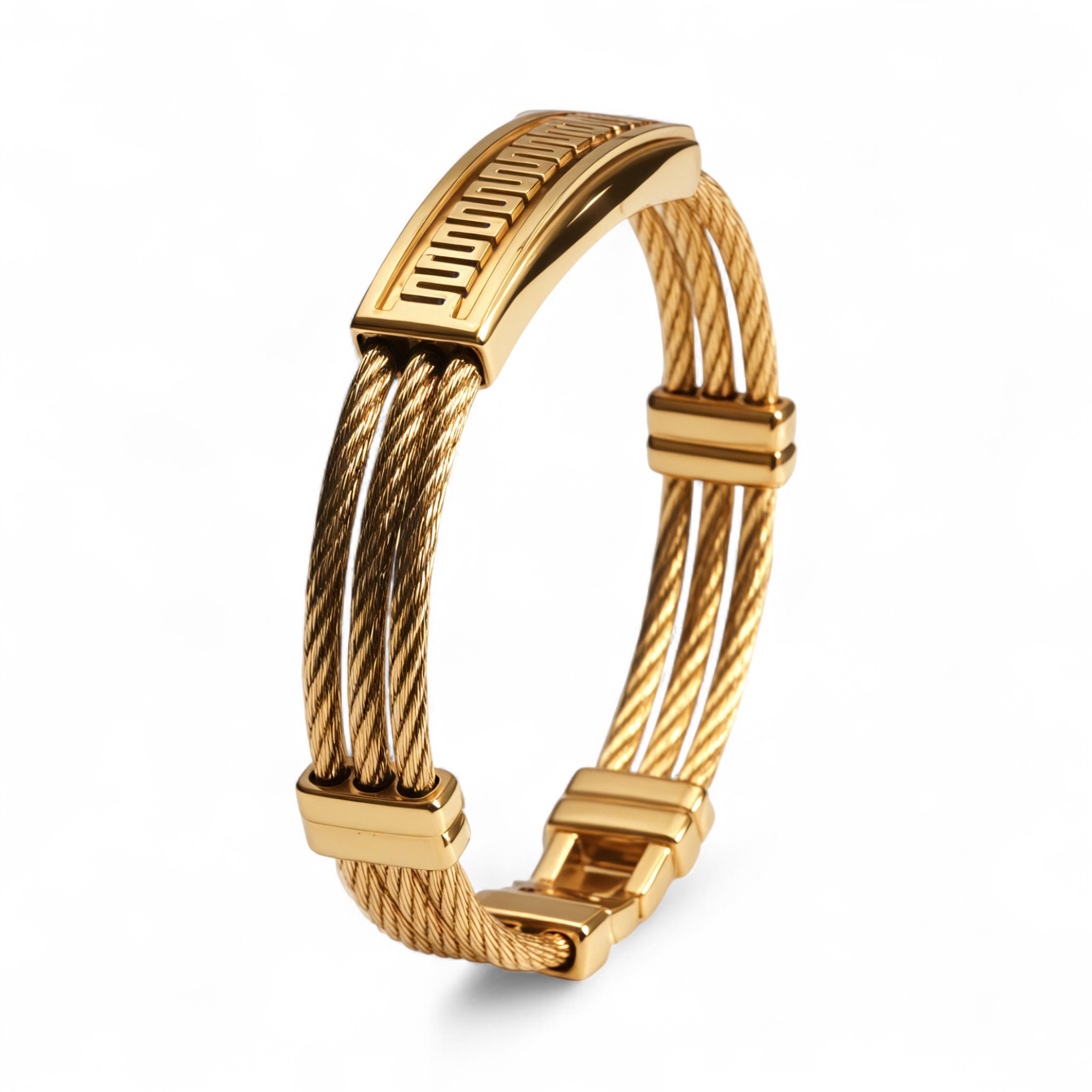 Unisex Geometric Engraved Gold Tone Cable Wire Open Bangle