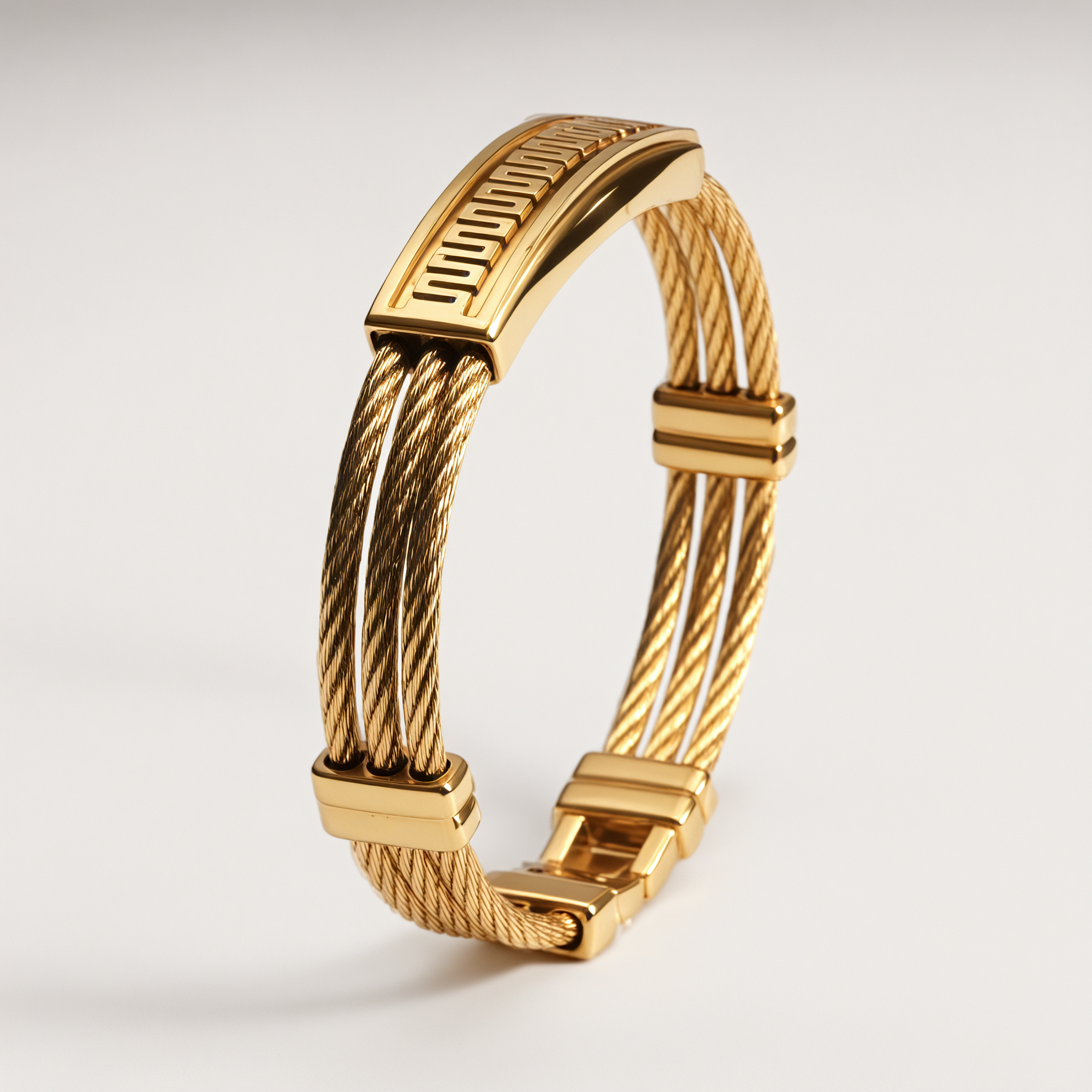 Unisex Geometric Engraved Gold Tone Cable Wire Open Bangle