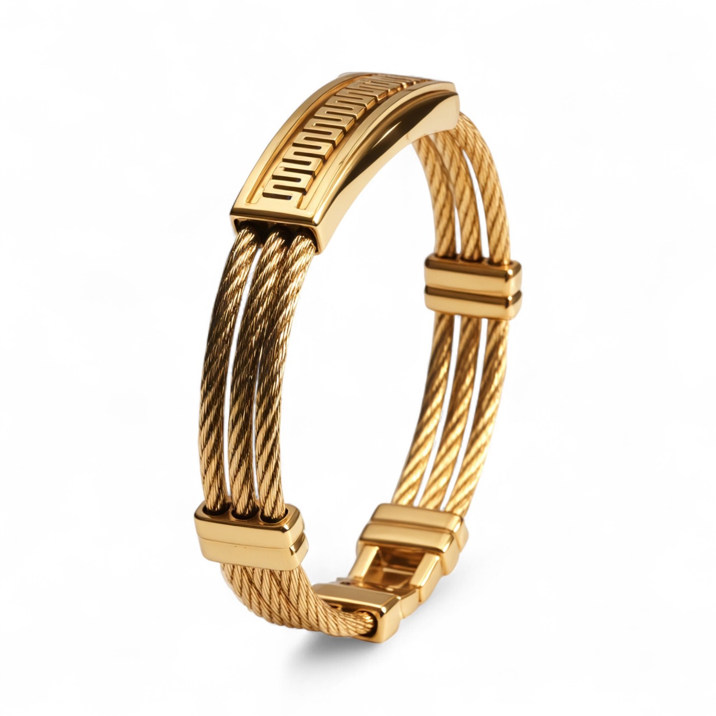 Unisex Geometric Engraved Gold Tone Cable Wire Open Bangle