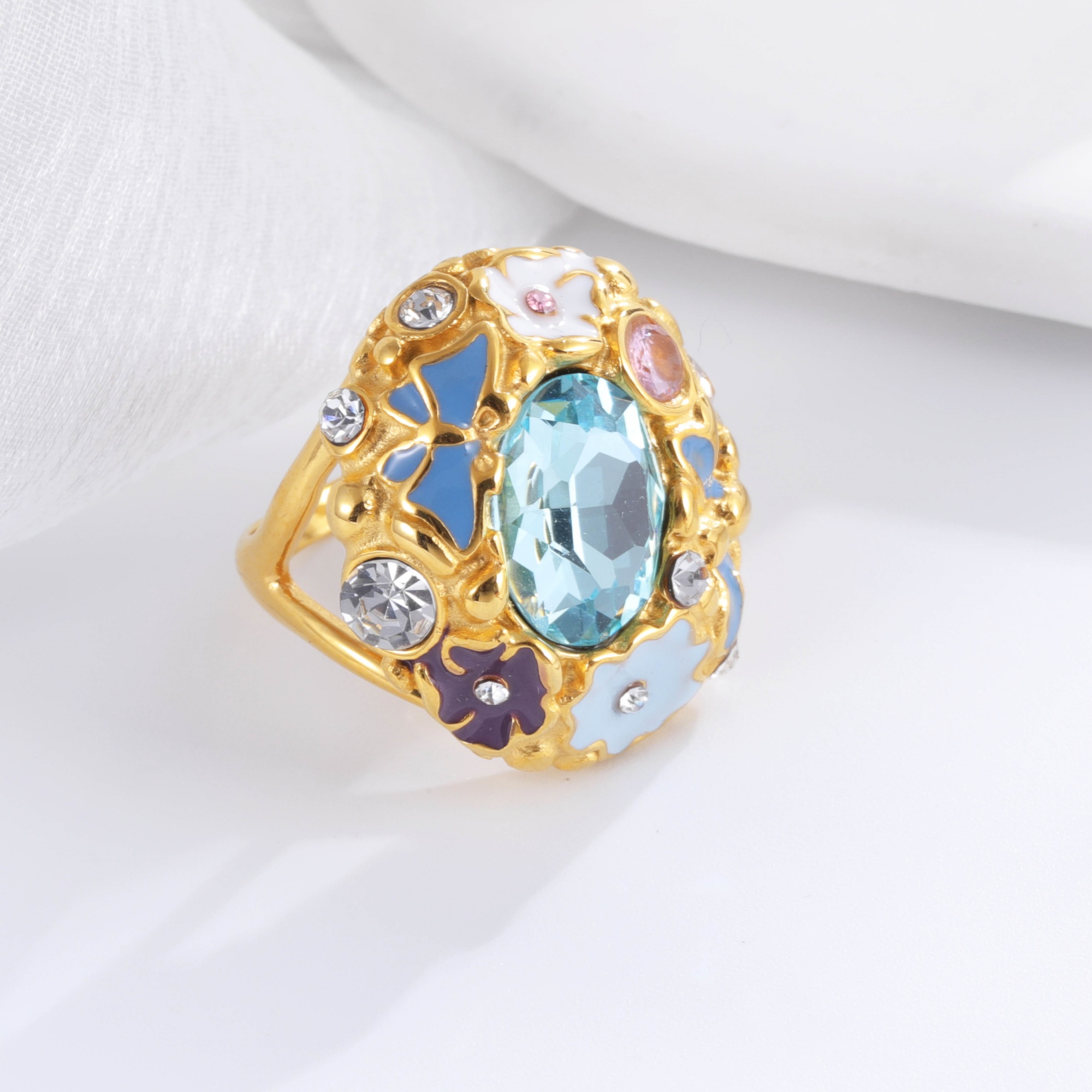 Colorful Gemstone Stainless Steel Ring with Floral Design Classic Fashion for Women | G004476-JinBaoJewerly