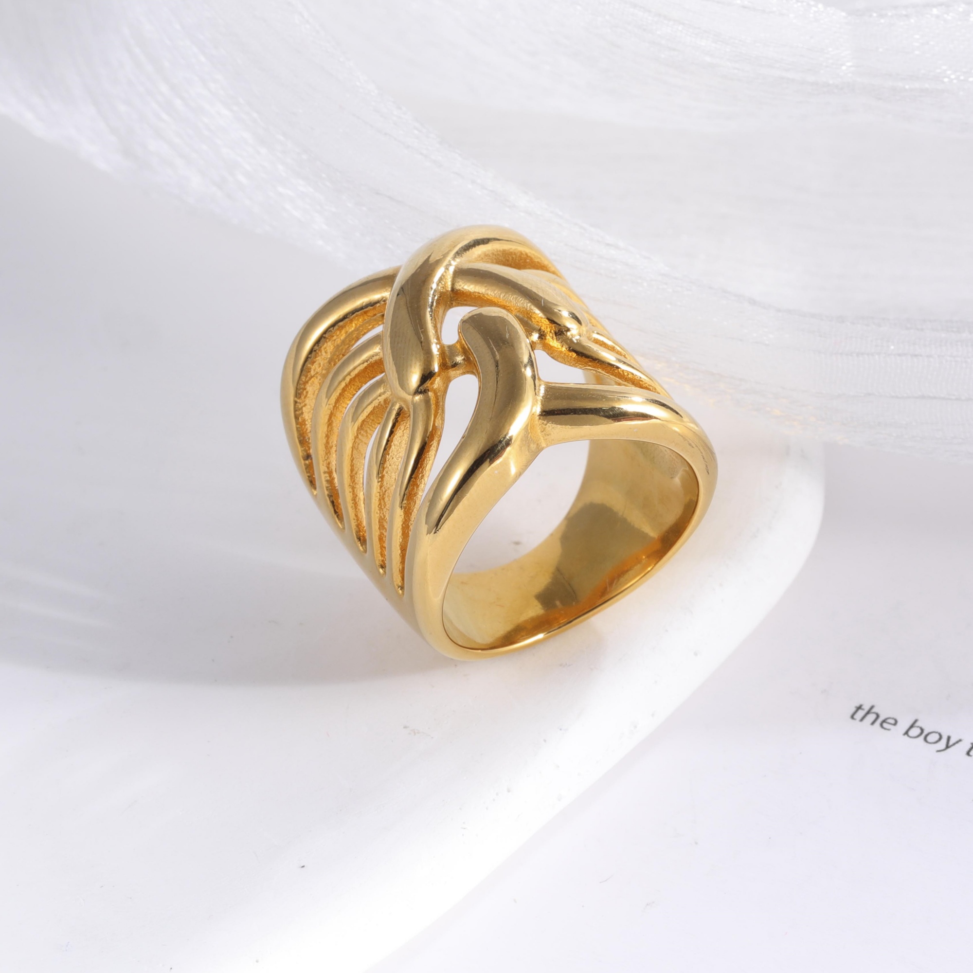 Creative Knitting Design 24k Gold-Plated Women's Stainless Steel Waterproof Ring丨G003167-JinBaoJewerly