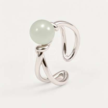 Sculpture Twist Open Women's Ring with White Jade Bead | N00412