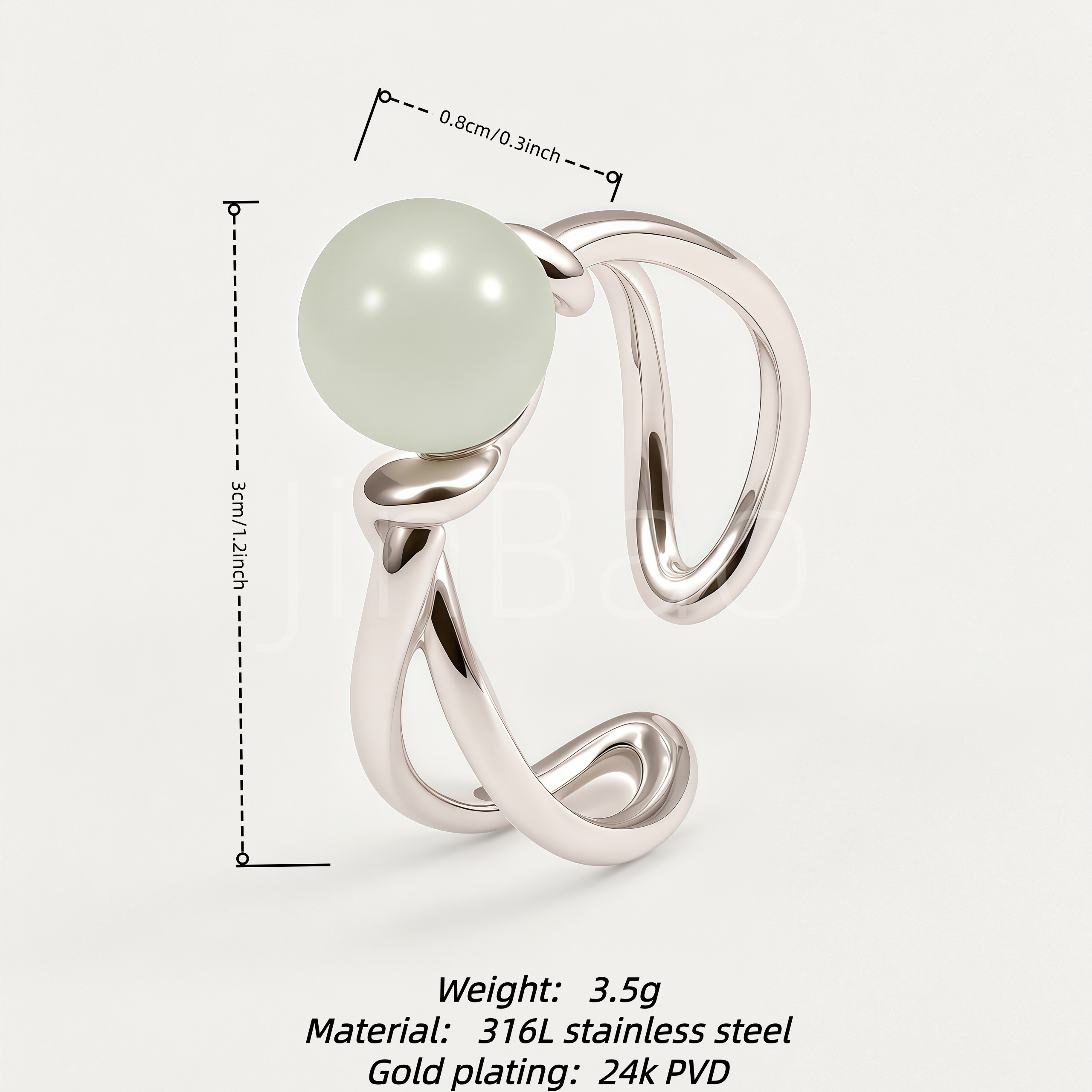 Sculpture Twist Open Women's Ring with White Jade Bead | N00412