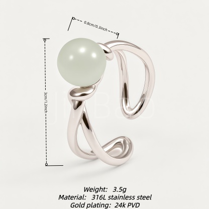 Sculpture Twist Open Women's Ring with White Jade Bead | N00412