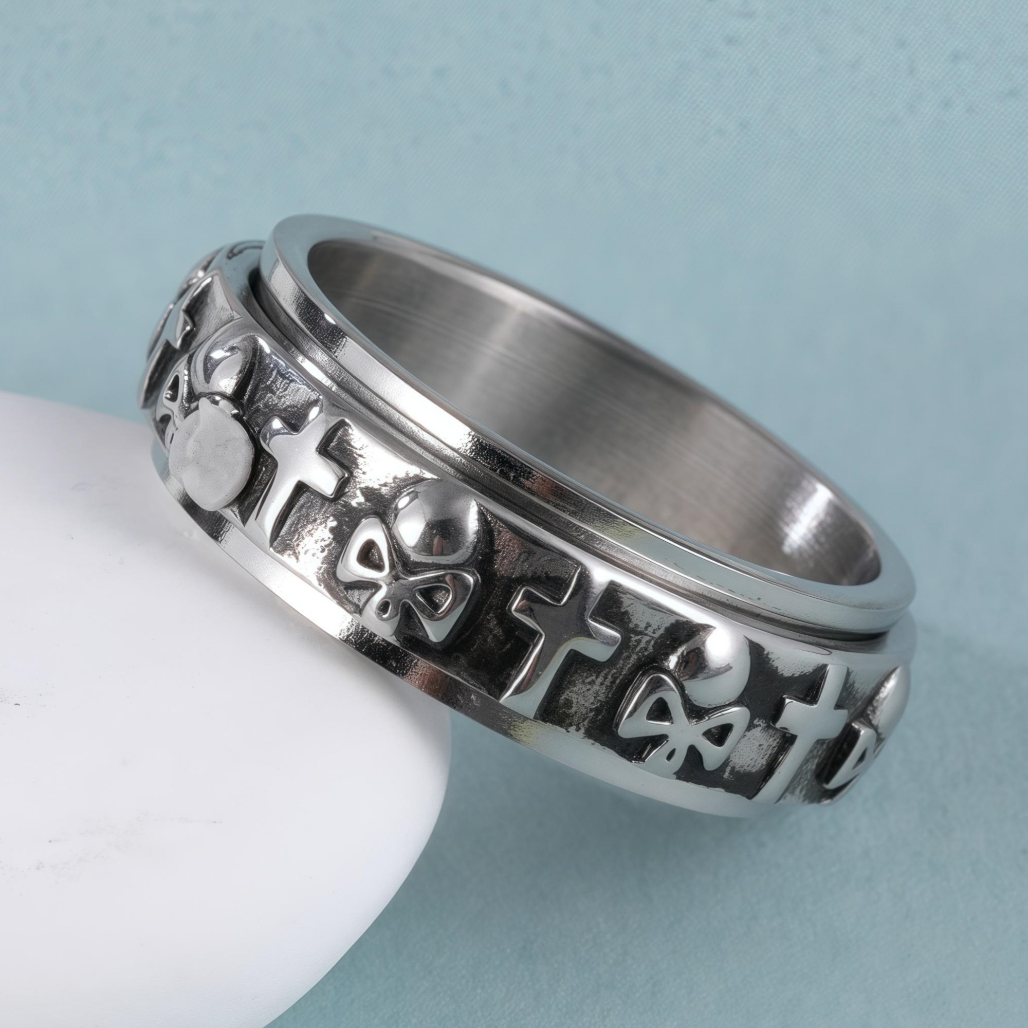 Vintage Hip-Hop Punk Skull Cross Design Rotating Stainless Steel Ring丨G002600-JinBaoJewerly