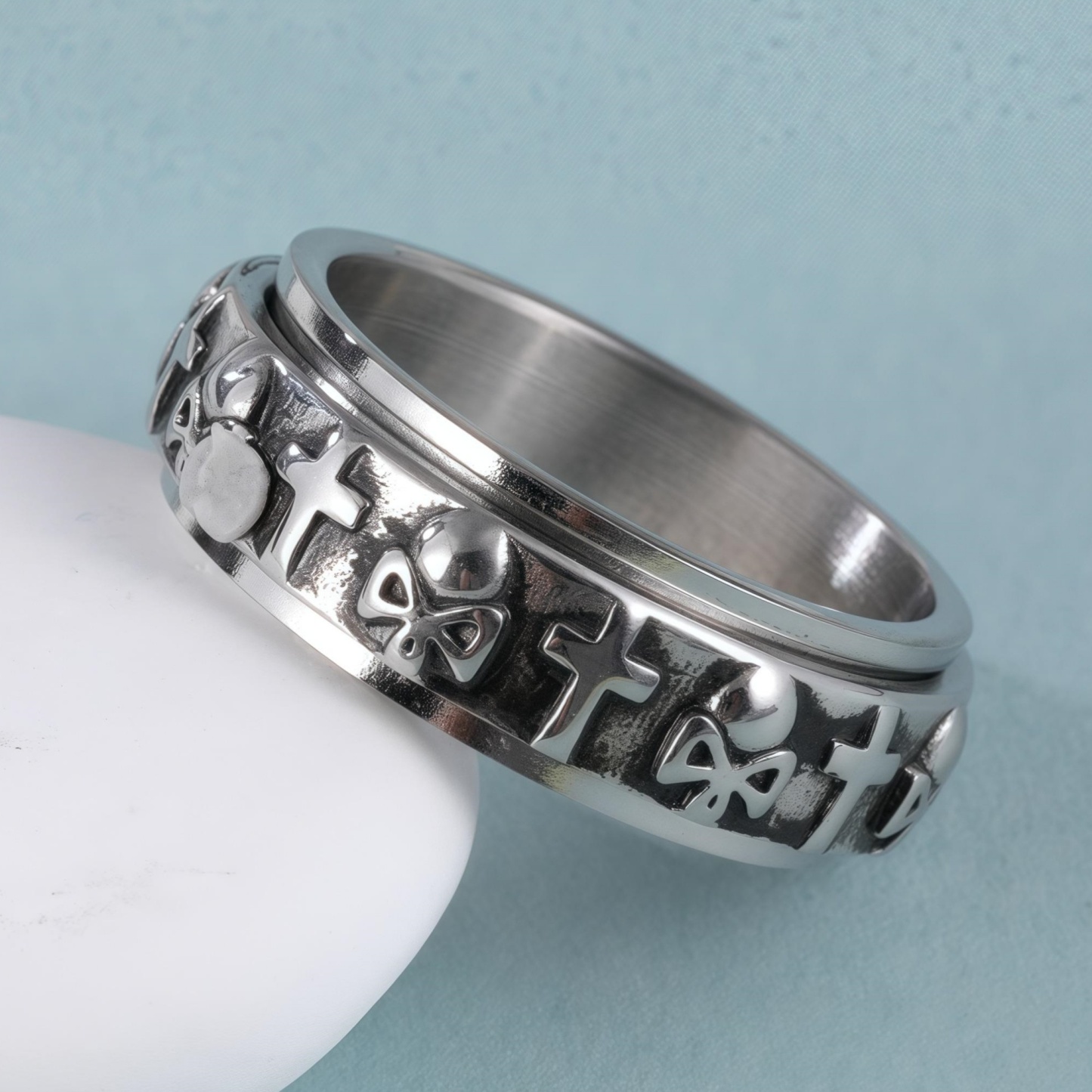 Vintage Hip-Hop Punk Skull Cross Design Rotating Stainless Steel Ring丨G002600-JinBaoJewerly
