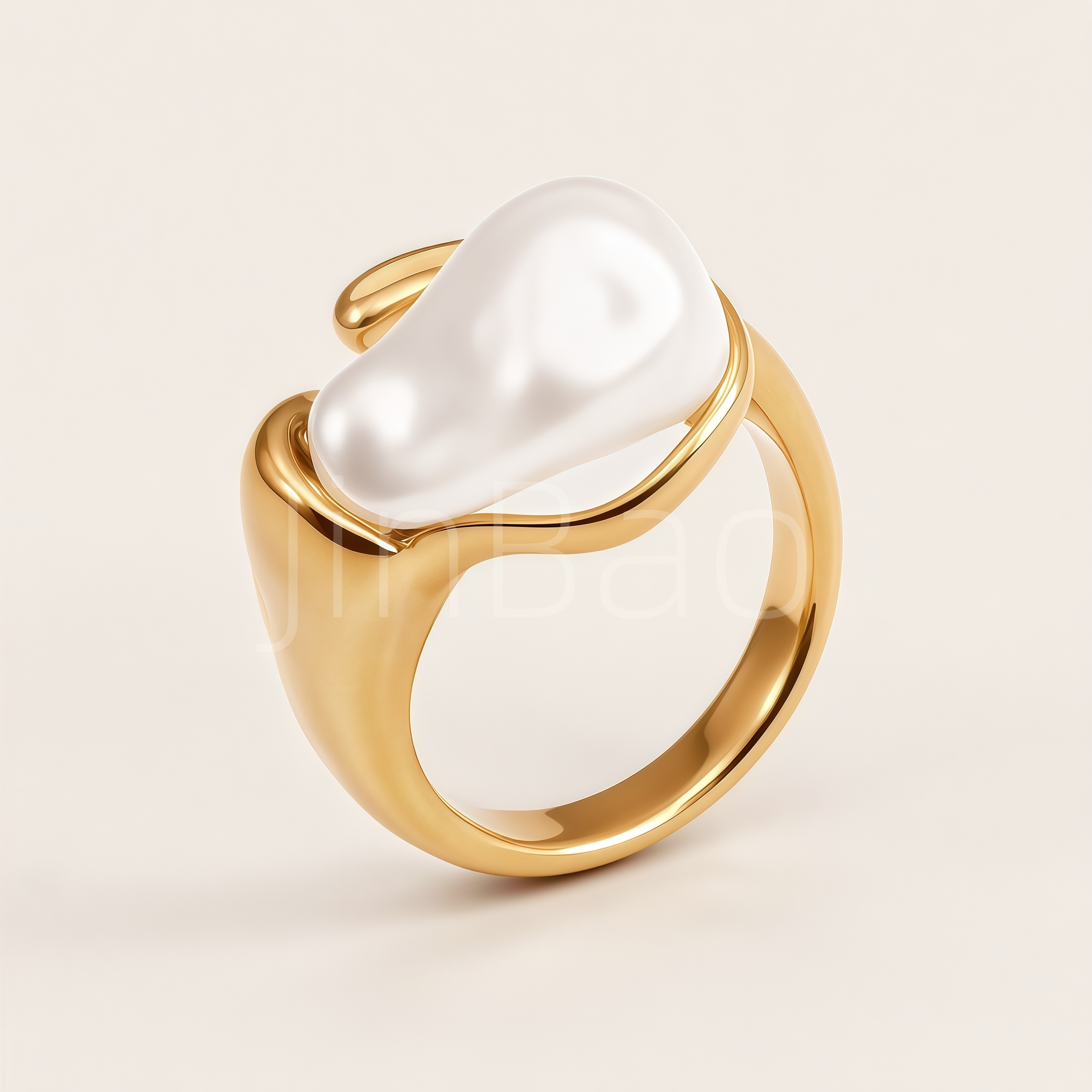 Fluid Metal Baroque Pearl Open Gold Adjustable Women's Ring | E00479
