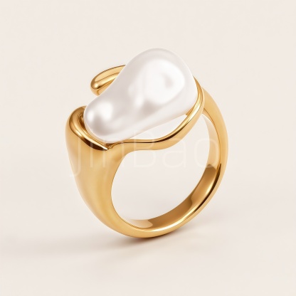 Fluid Metal Baroque Pearl Open Gold Adjustable Women's Ring | E00479