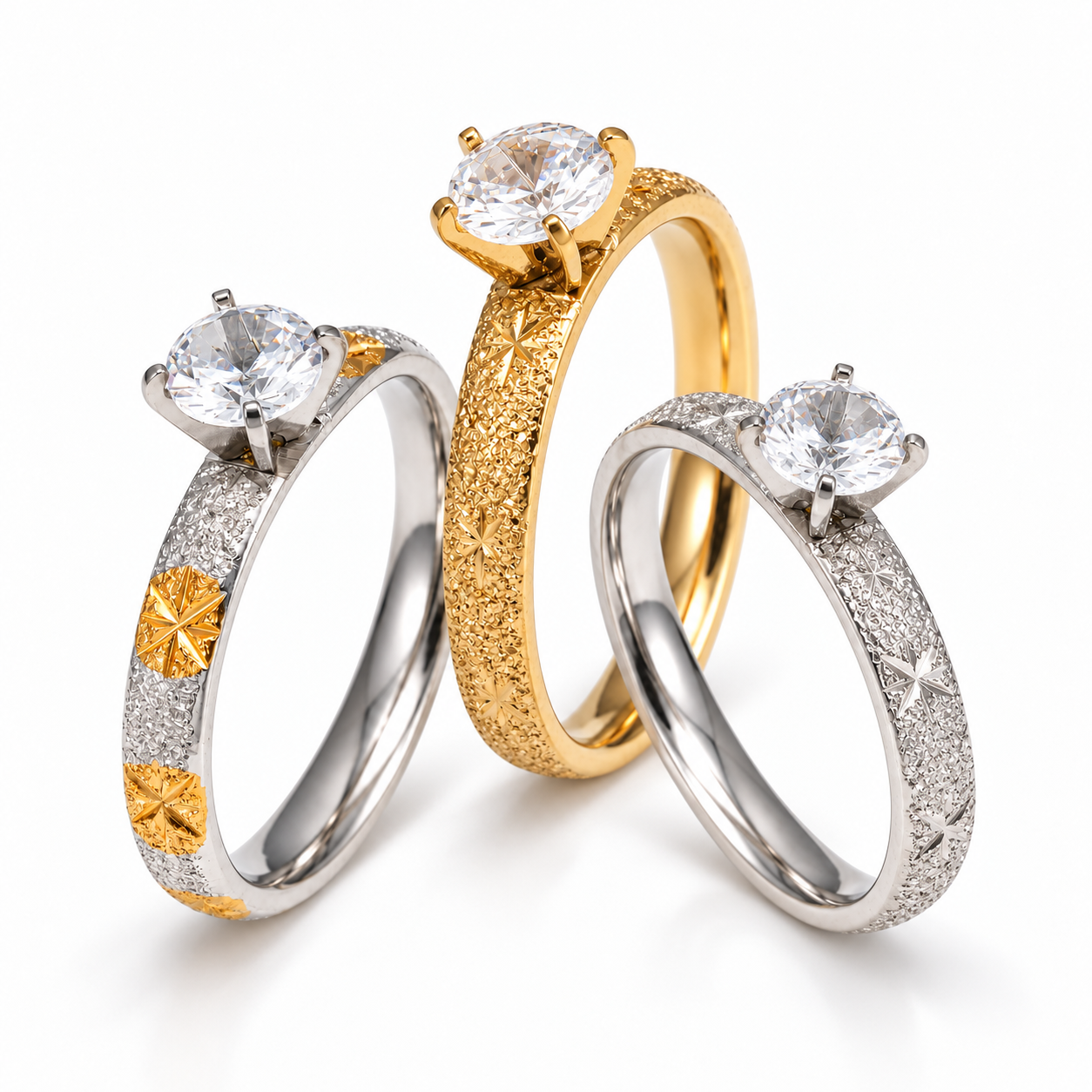 Vintage Starburst Carved CZ Promise Ring Set for Women | C002