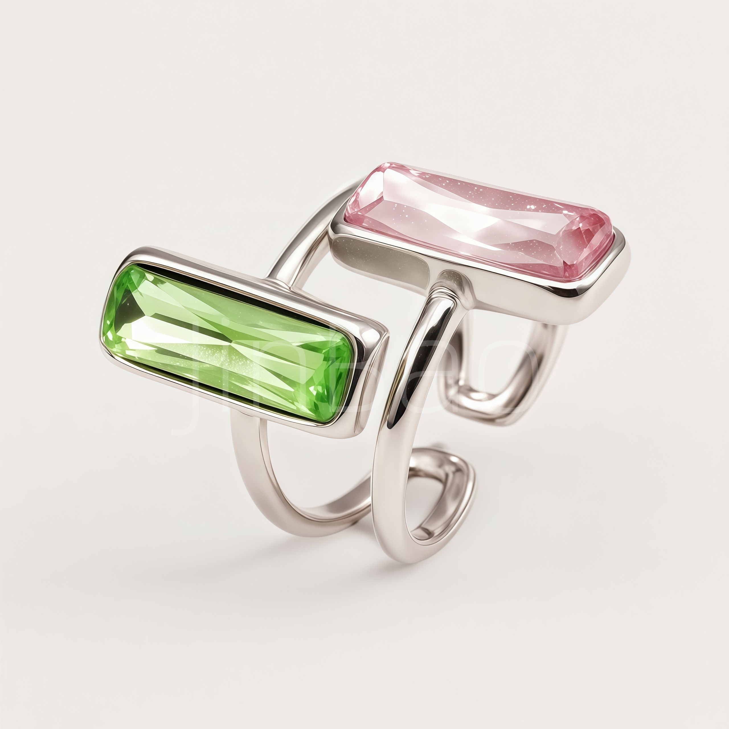 Pink & Green Rectangle CZ Dual Stone Bypass Open Ring for Women | N002793GQFV