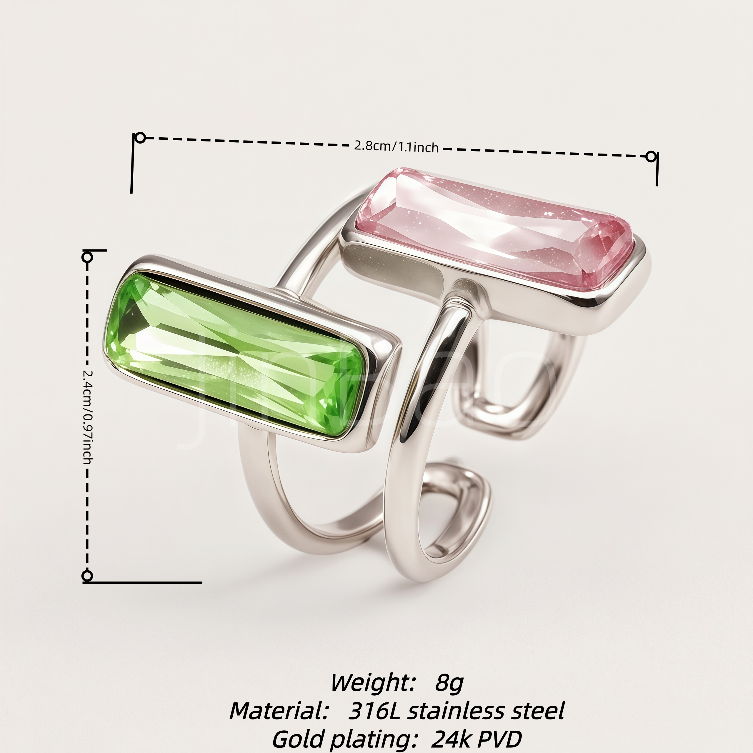 Pink & Green Rectangle CZ Dual Stone Bypass Open Ring for Women | N002793GQFV