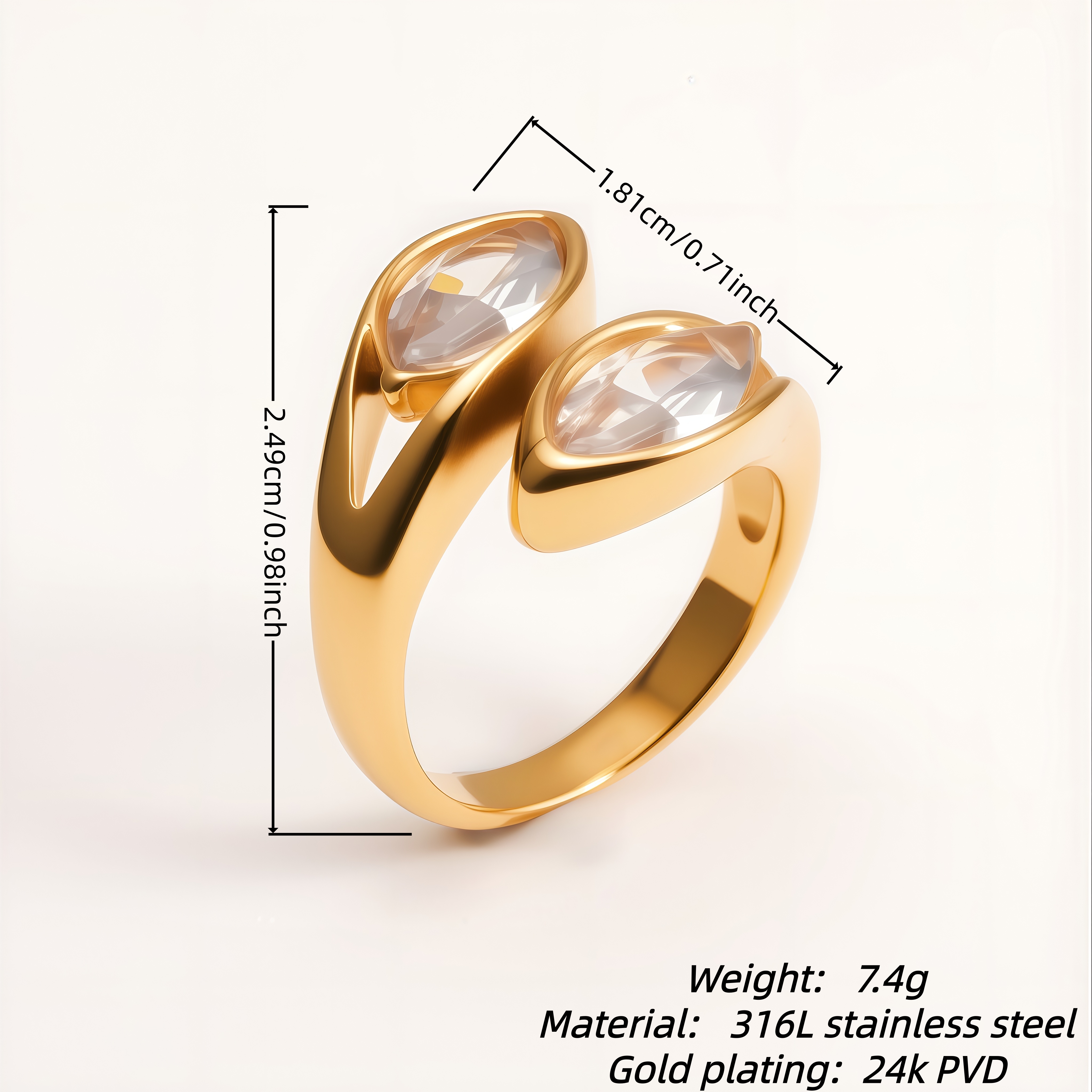 Minimalist Double Teardrop Crystal Open Stainless Steel Ring for Women | N001599
