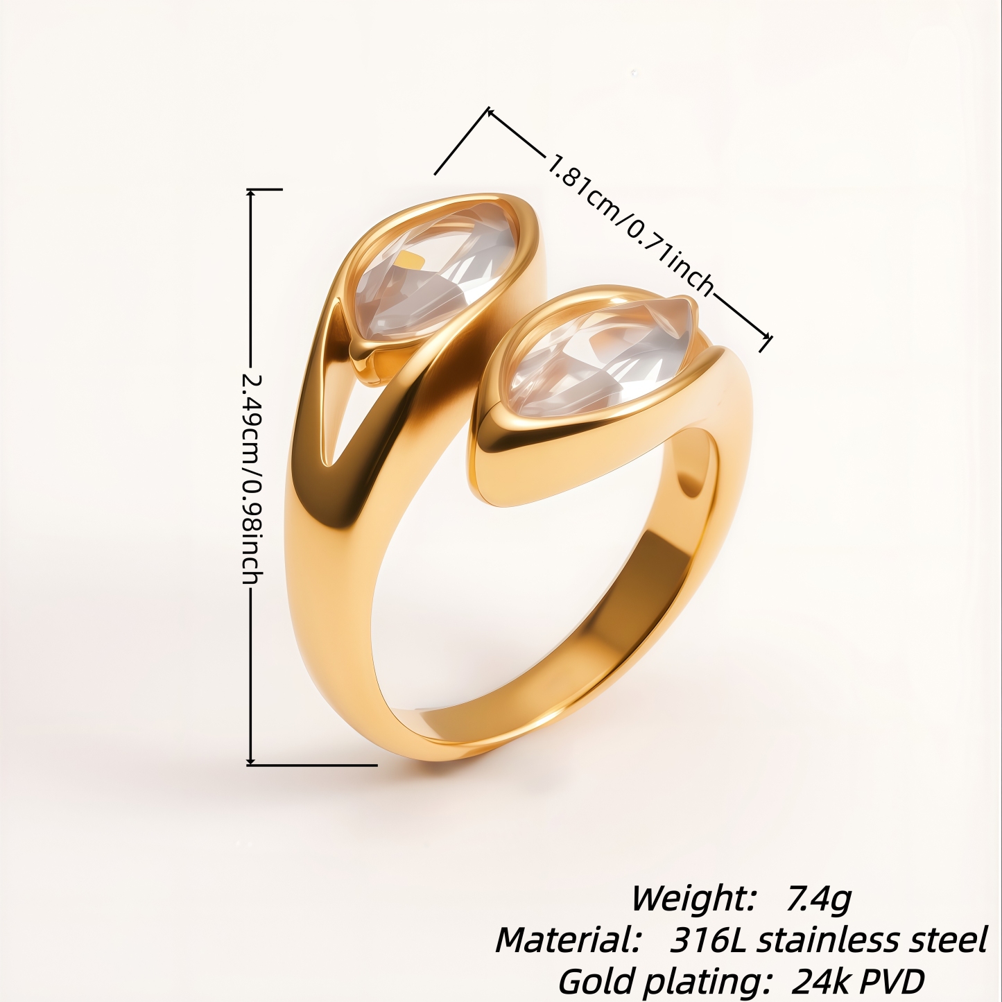 Minimalist Double Teardrop Crystal Open Stainless Steel Ring for Women | N001599