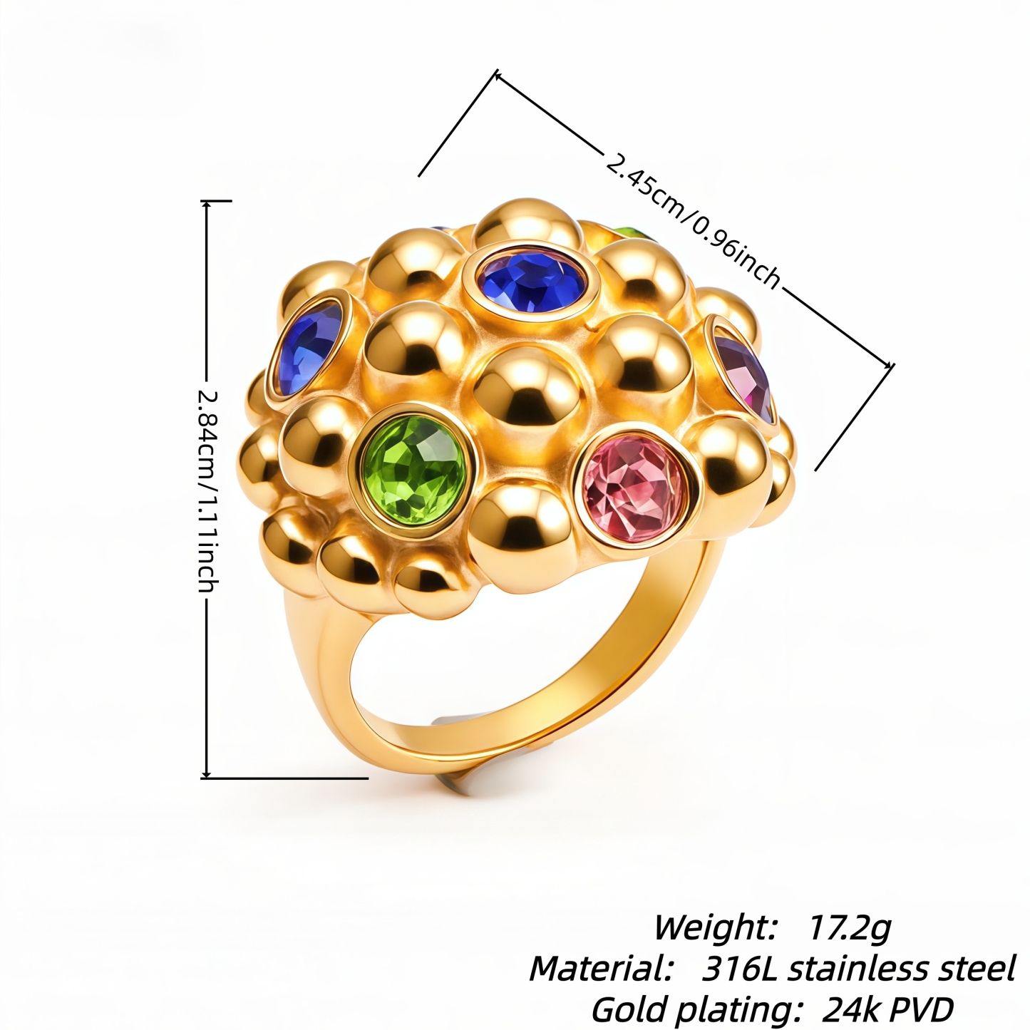 Gold - Plated Stainless Steel Bubble Design Statement Ring for Women with Multicolor Gemstones