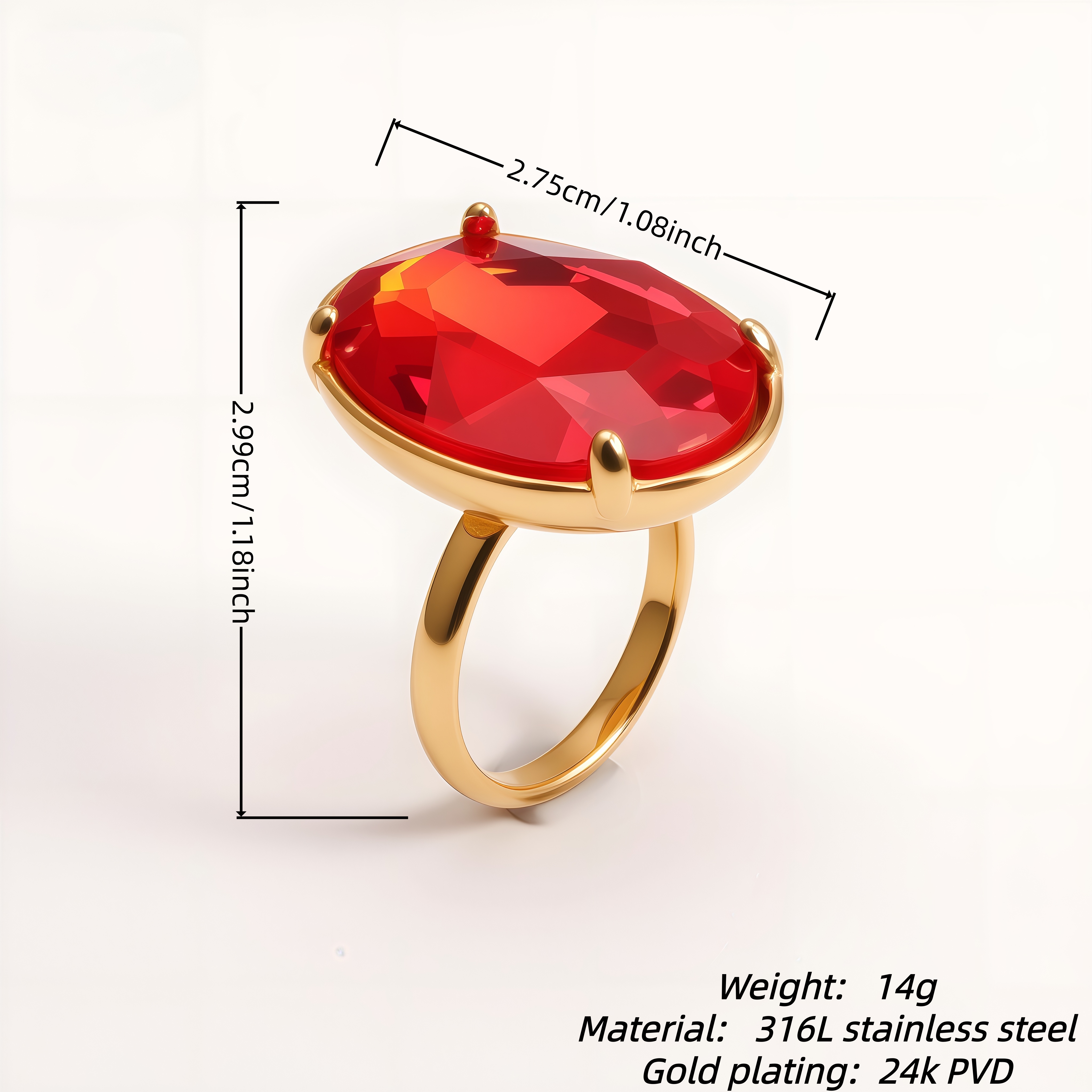 Gold Plated Stainless Steel Oval Citrine Gemstone Ring for Women Fashion for Party & Daily Wear