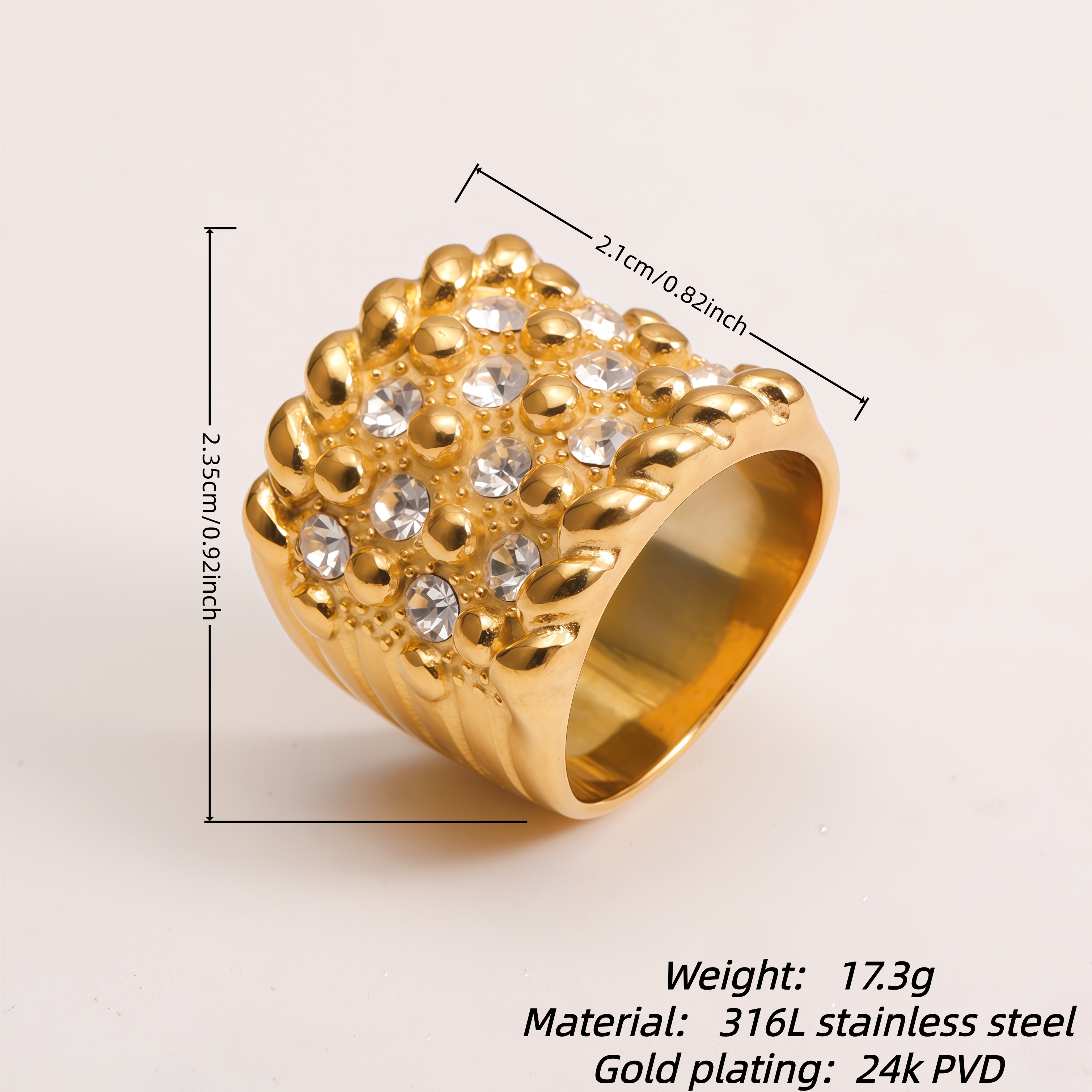 Gold Plated Crystal Studded Chunky Stainless Steel Ring, Retro Punk Statement Ring for Women