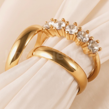 24K Gold-Plating Stainless Steel Luxury Crystal Wedding Waterproof Ring-JinBaoJewerly