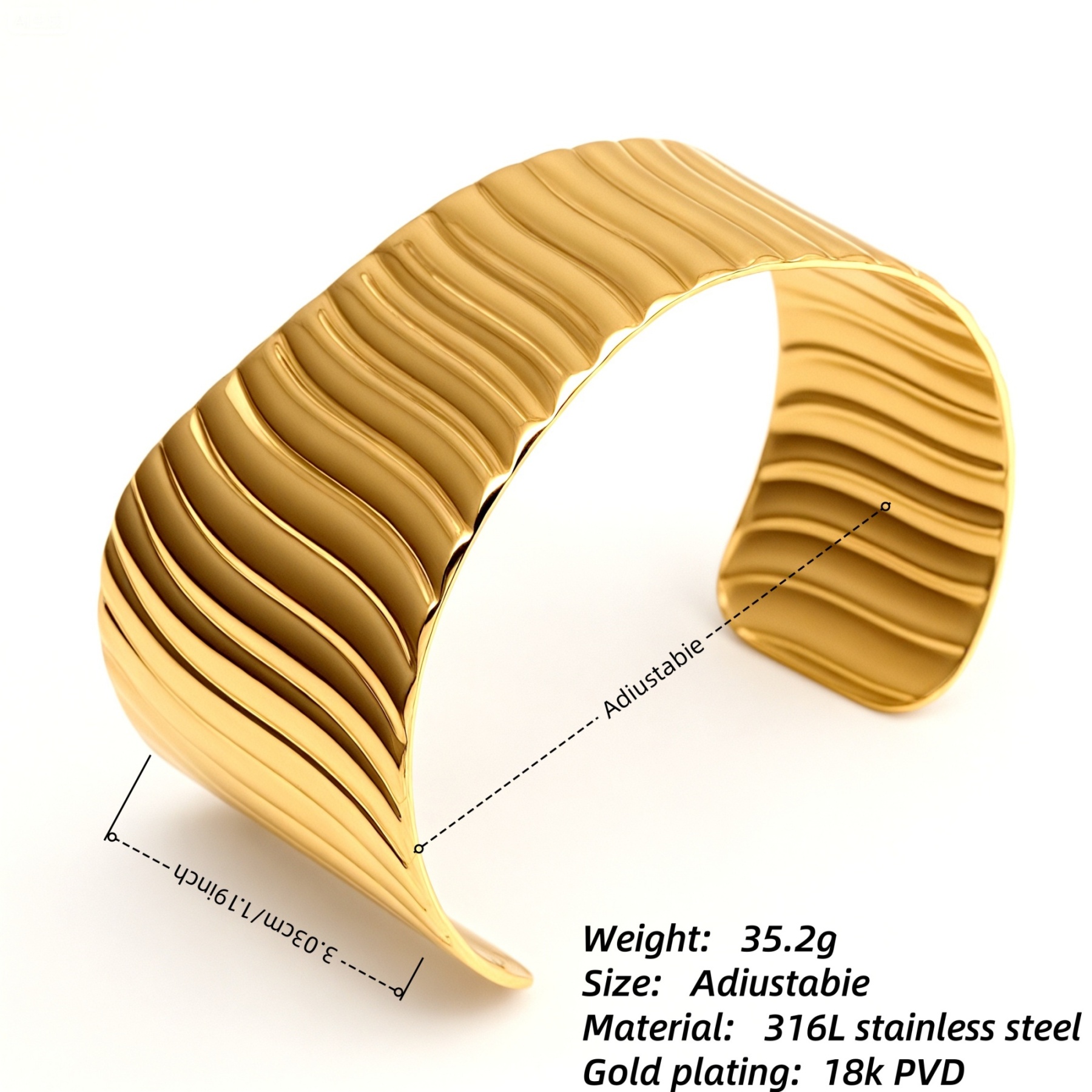 Waterproof 18K Gold 316L Steel Wavy Cuff Bracelet  | DZE0831J-JinBaoJewerly