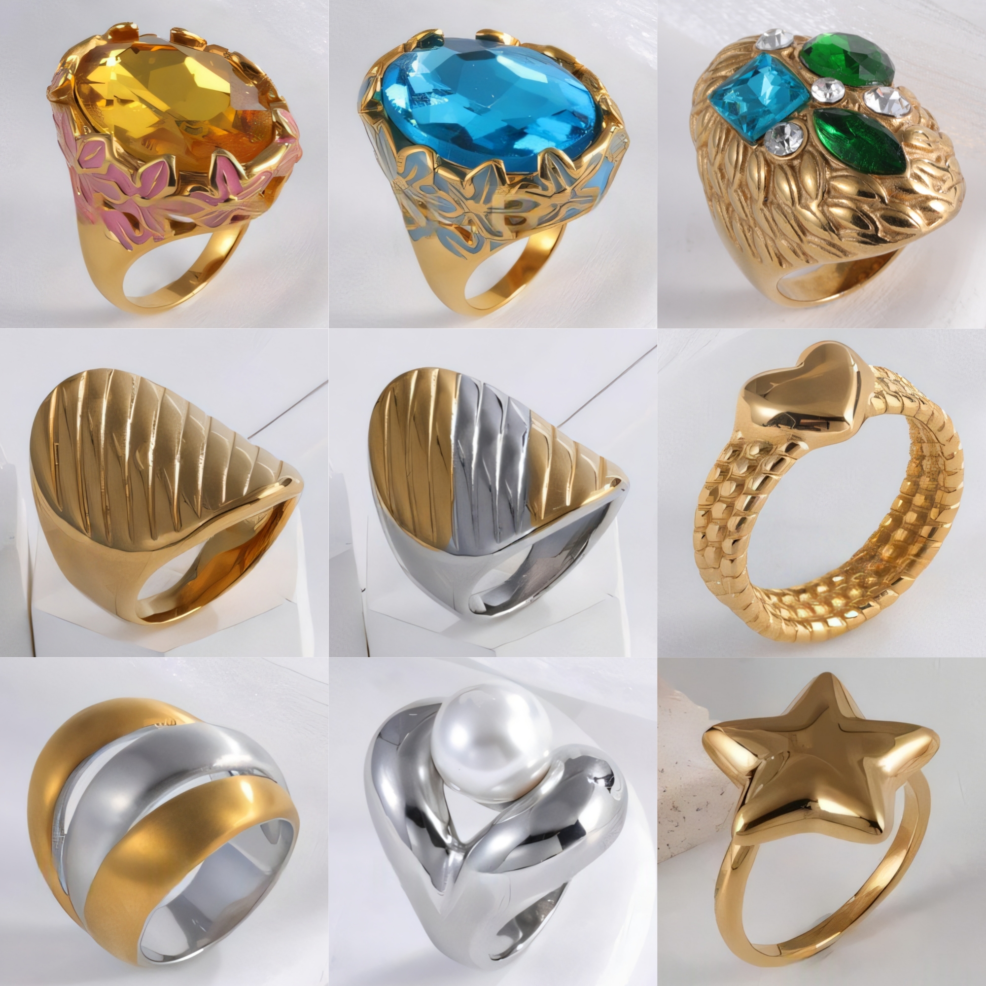 24K Gold Plated Stainless Steel Rings with Artificial Gemstones & Pearls-JinBaoJewerly