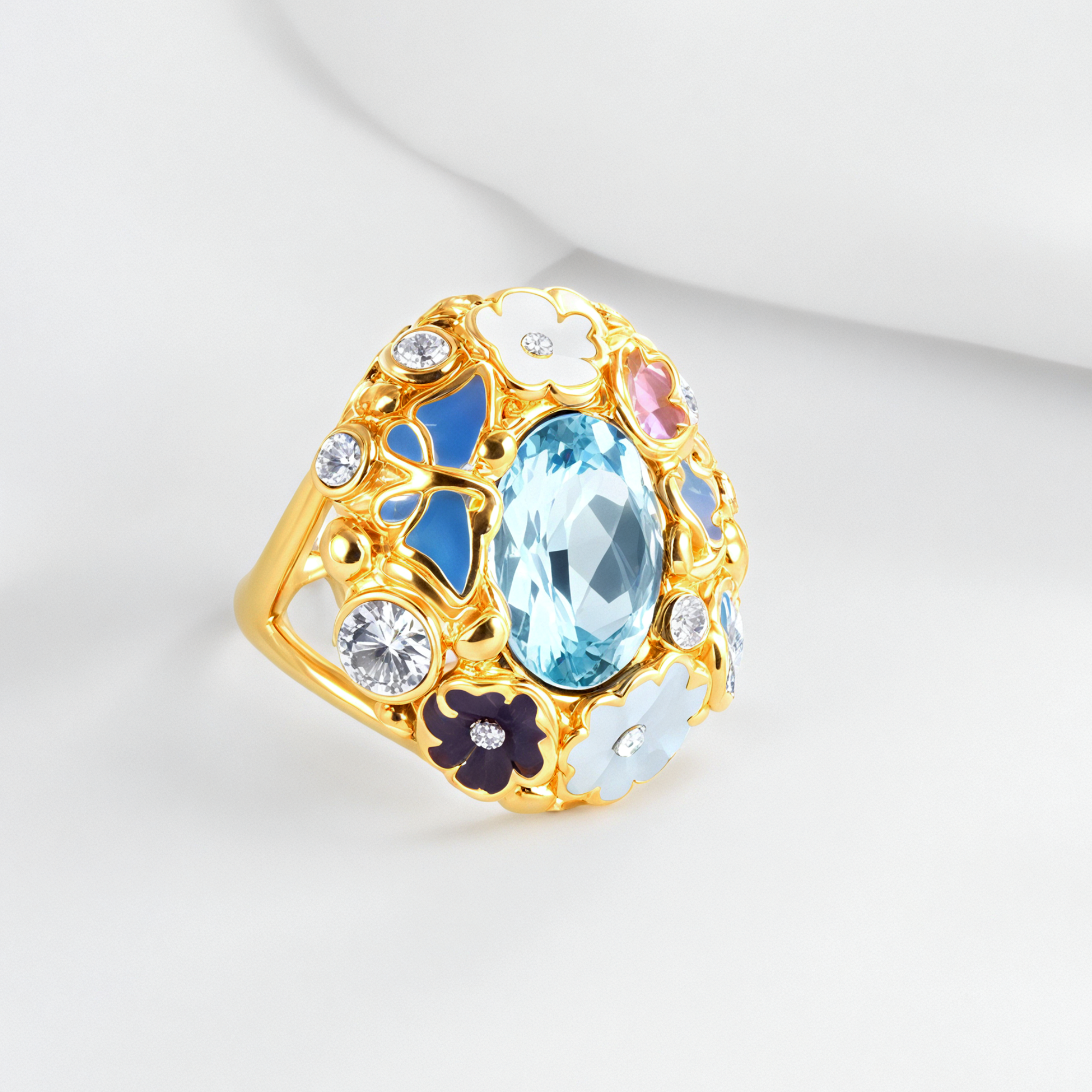 Colorful Gemstone Stainless Steel Ring with Floral Design Classic Fashion for Women | G004476-JinBaoJewerly