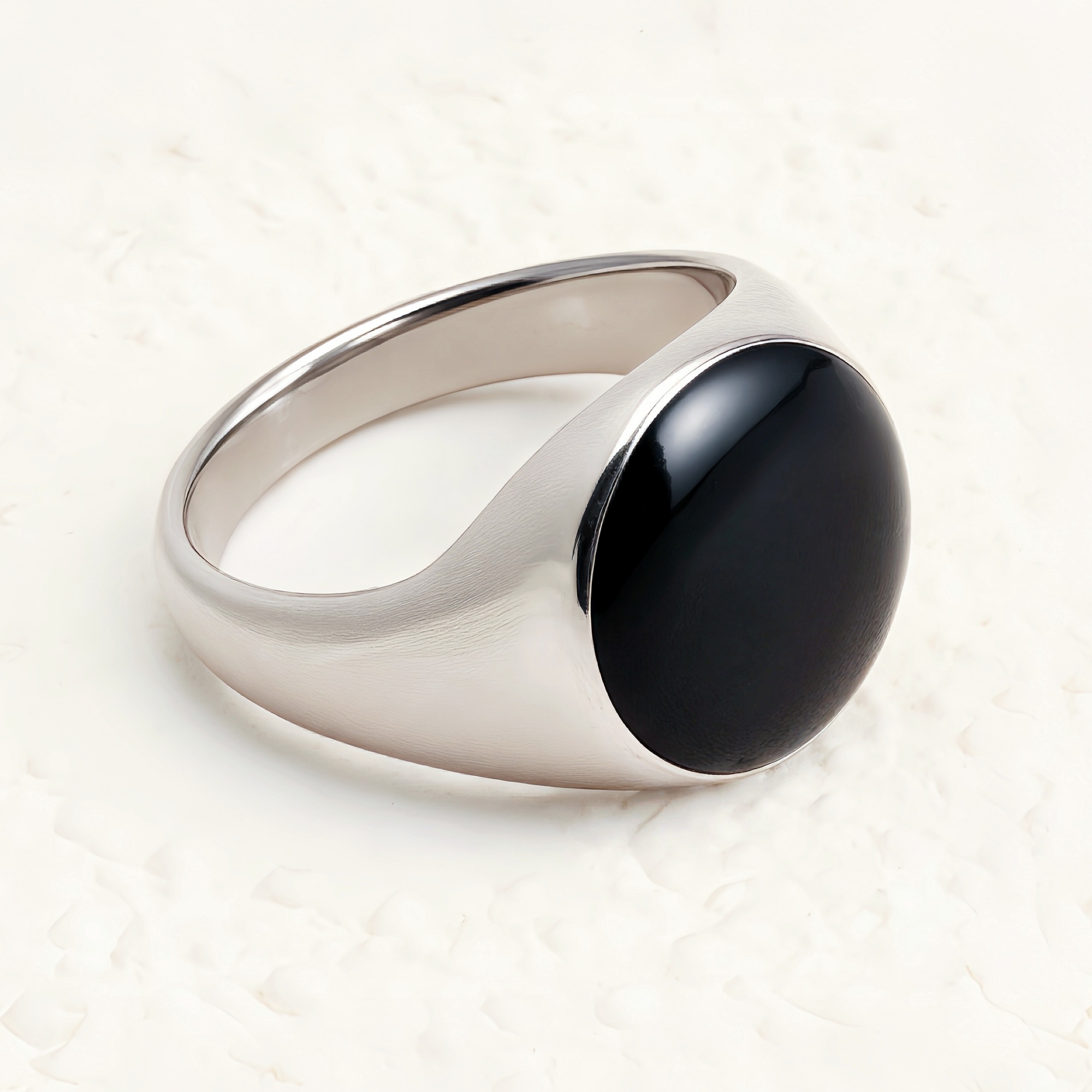Minimalist Oval Black Gem Silver Ring, Classic Unisex Band | DZ125-JinBaoJewerly