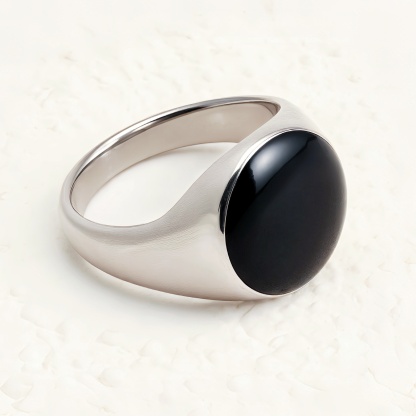 Minimalist Oval Black Gem Silver Ring, Classic Unisex Band | DZ125-JinBaoJewerly