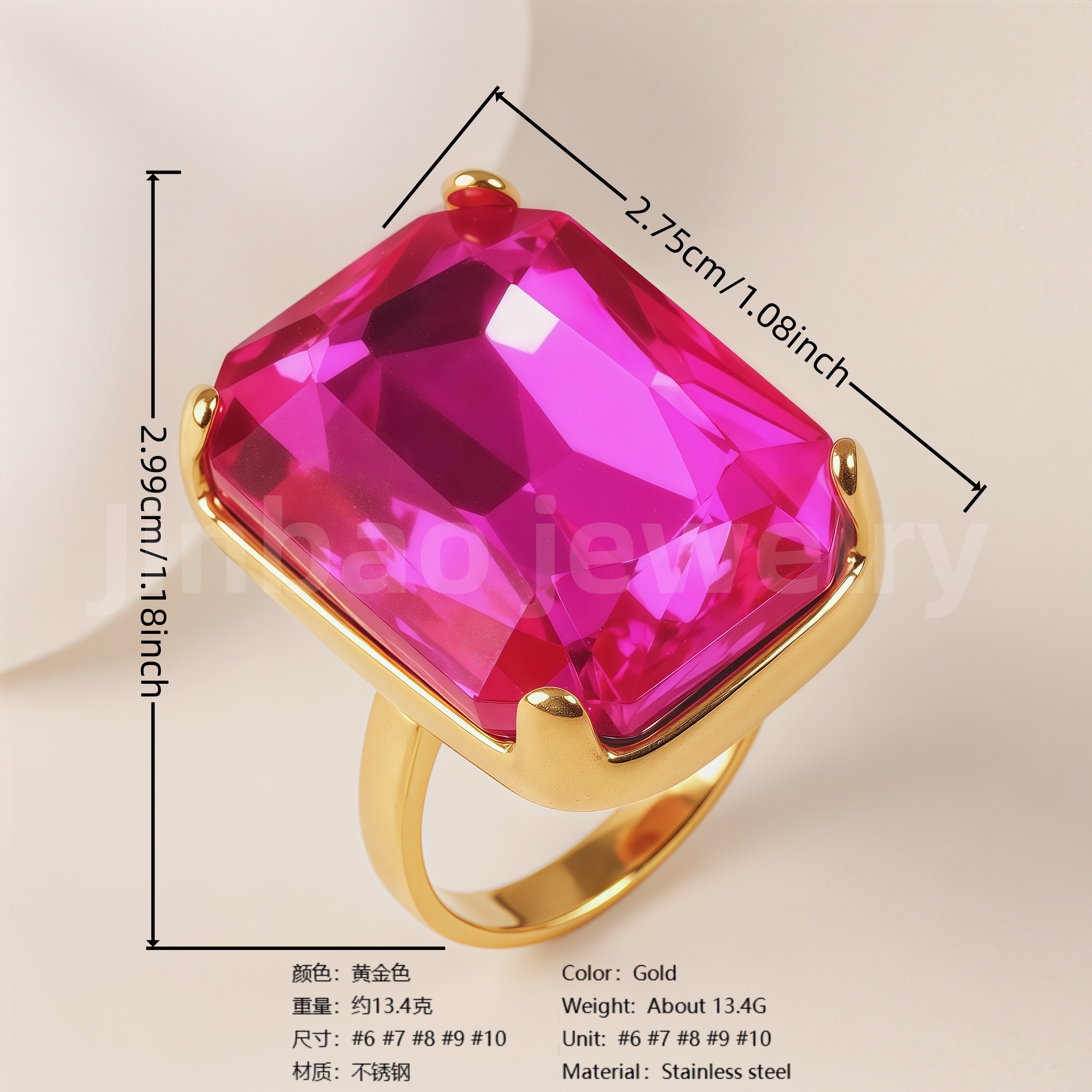 24K Gold PVD Stainless Steel Titanium Fashionable Multi-Color Gem Women's Ring-JinBaoJewerly