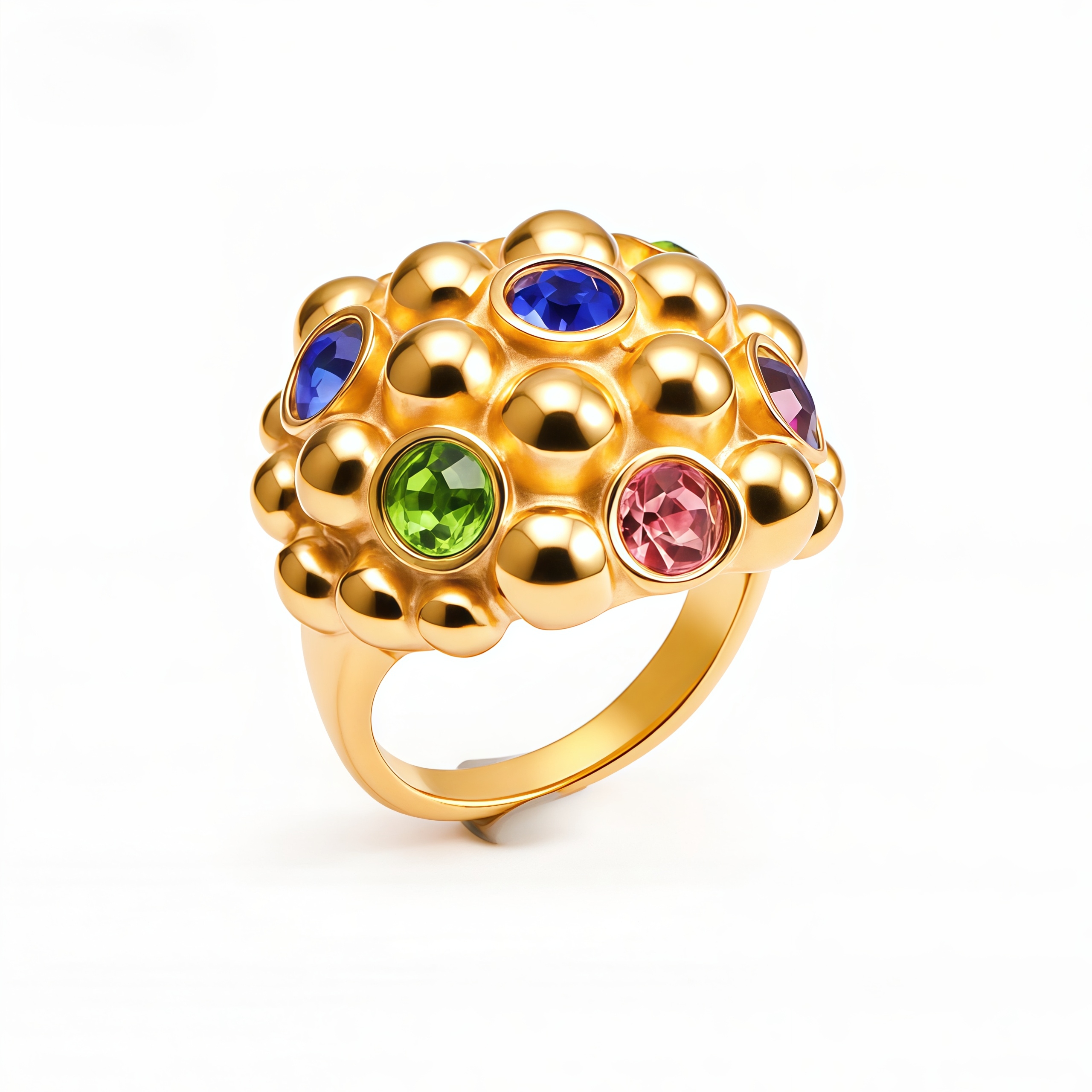 Gold - Plated Stainless Steel Bubble Design Statement Ring for Women with Multicolor Gemstones