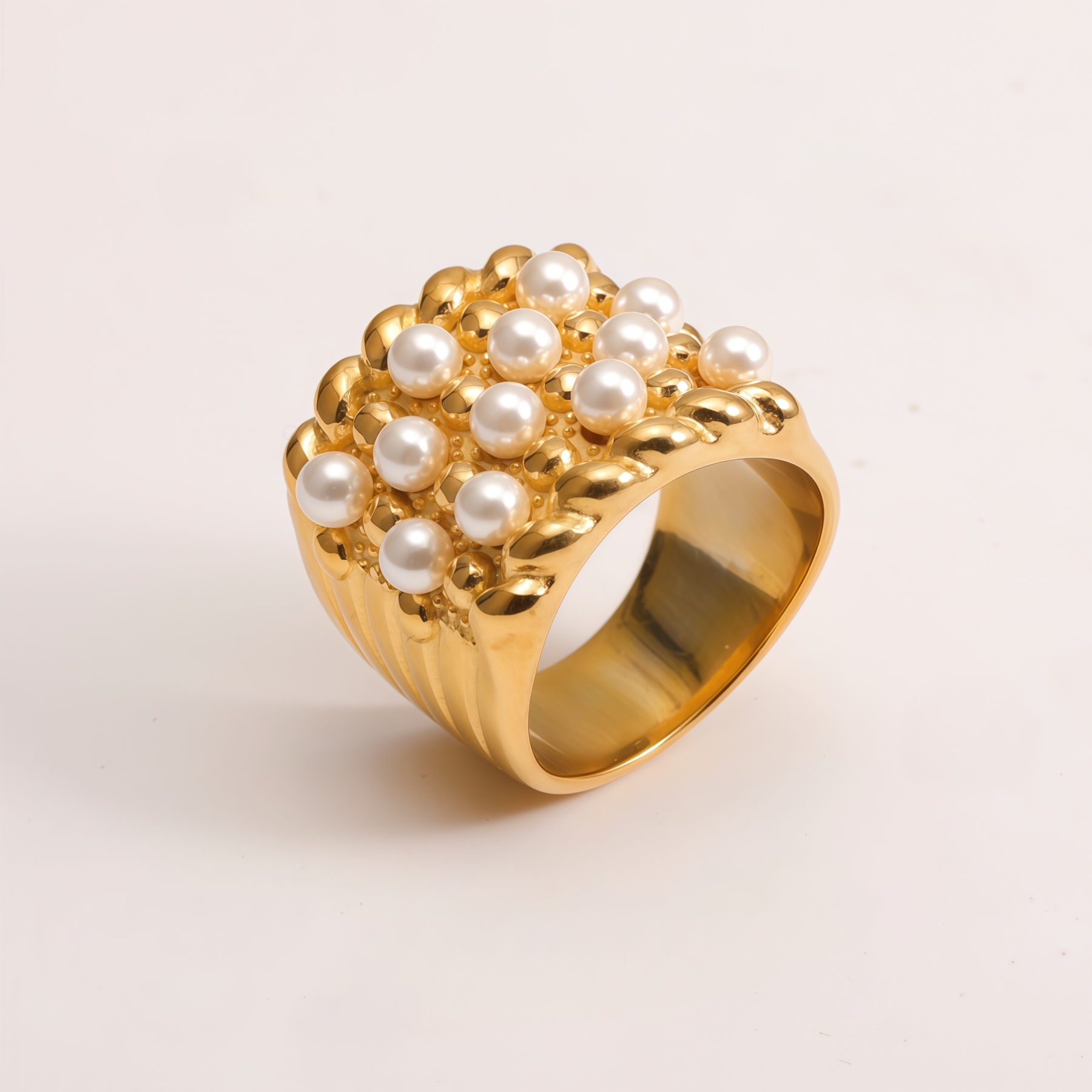 Gold Plated Stainless Steel Pearl Ring for Women, Vintage Inspired Wide Band Ring