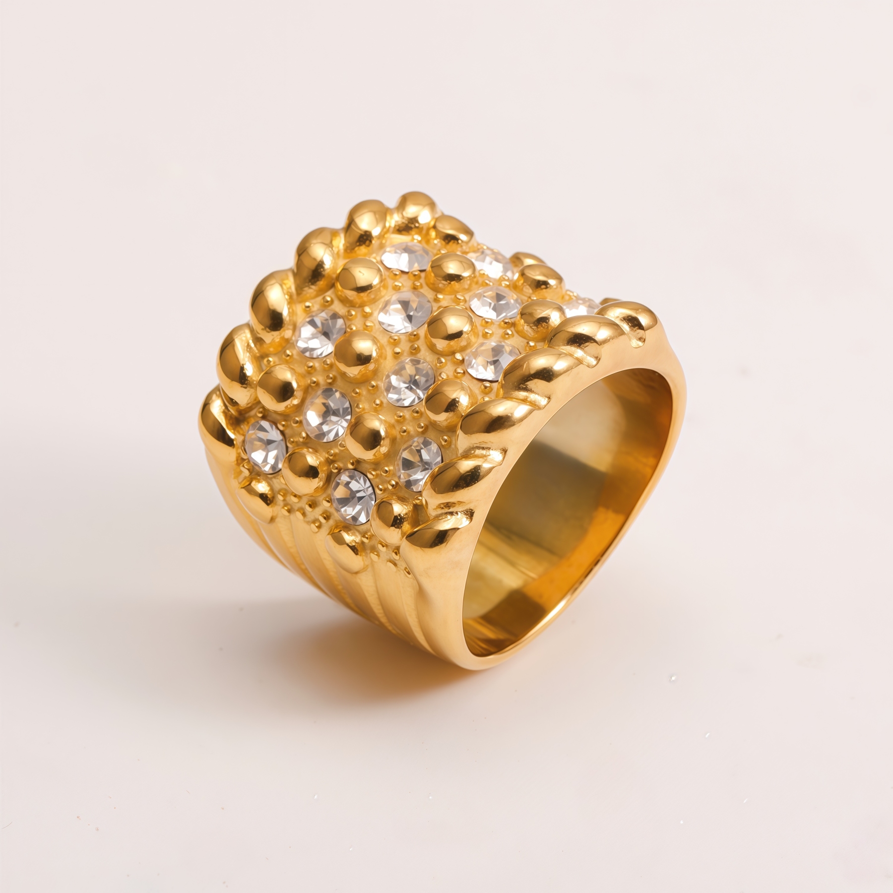 Gold Plated Crystal Studded Chunky Stainless Steel Ring, Retro Punk Statement Ring for Women