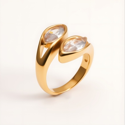 Minimalist Double Teardrop Crystal Open Stainless Steel Ring for Women | N001599