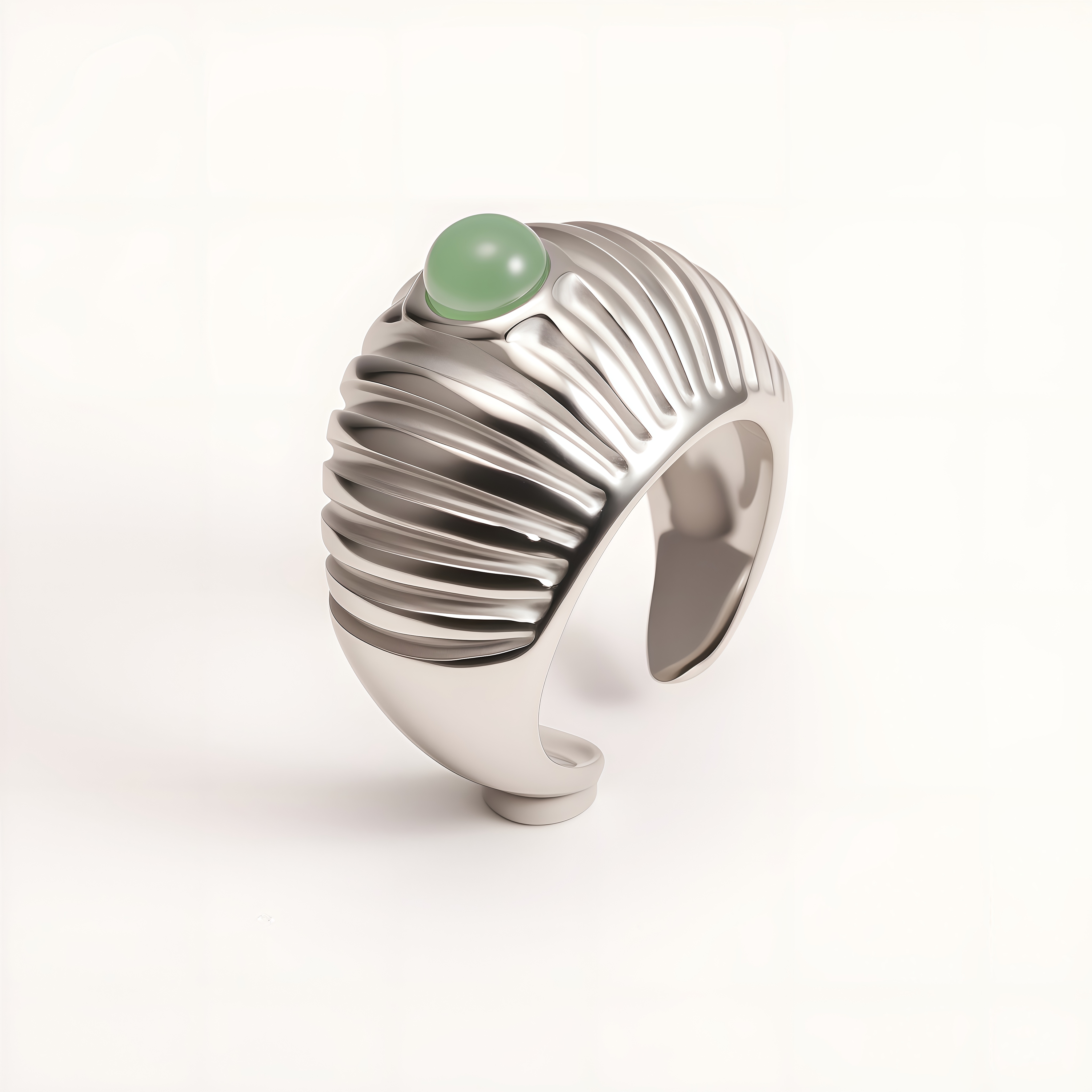 Women's Silver Stainless Steel Ring with Green Gemstone - Textured Adjustable Open Ring