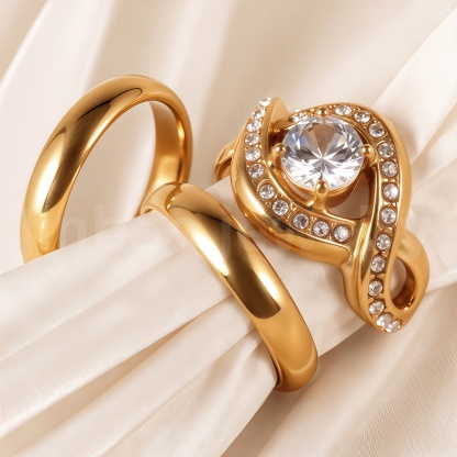 24K Gold-Plating Stainless Steel Luxury Crystal Wedding Waterproof Ring-JinBaoJewerly