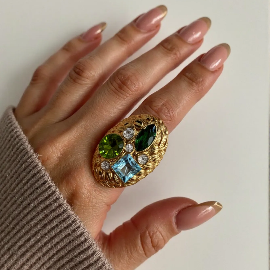 Stylish Embossed Colorful Gemstone Stainless Steel Ring for Women | G004467