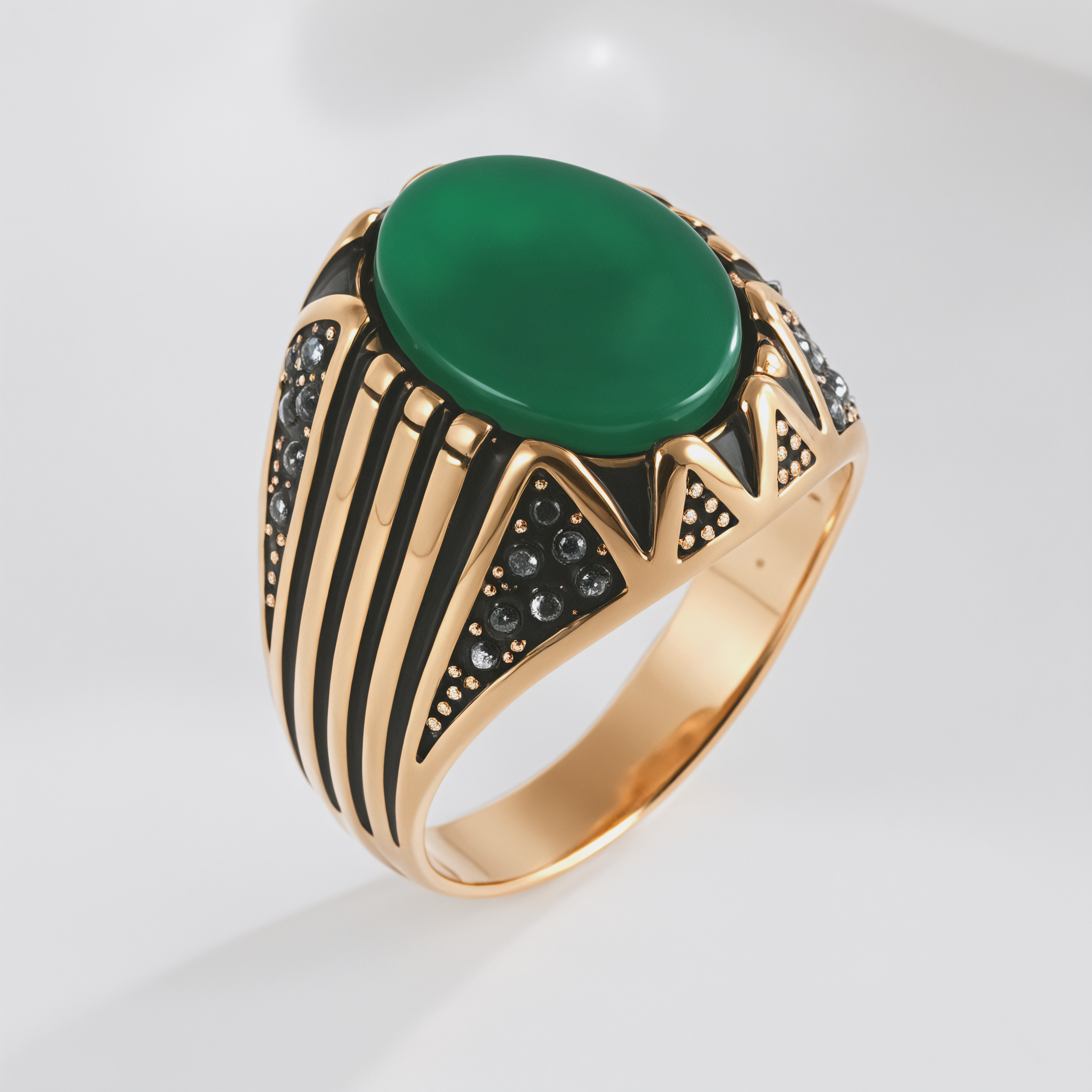 【单款】Gold Stainless Steel Ring with Green Stone and Black Accent Men Ring | K002756-JinBaoJewerly