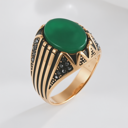 【单款】Gold Stainless Steel Ring with Green Stone and Black Accent Men Ring | K002756-JinBaoJewerly