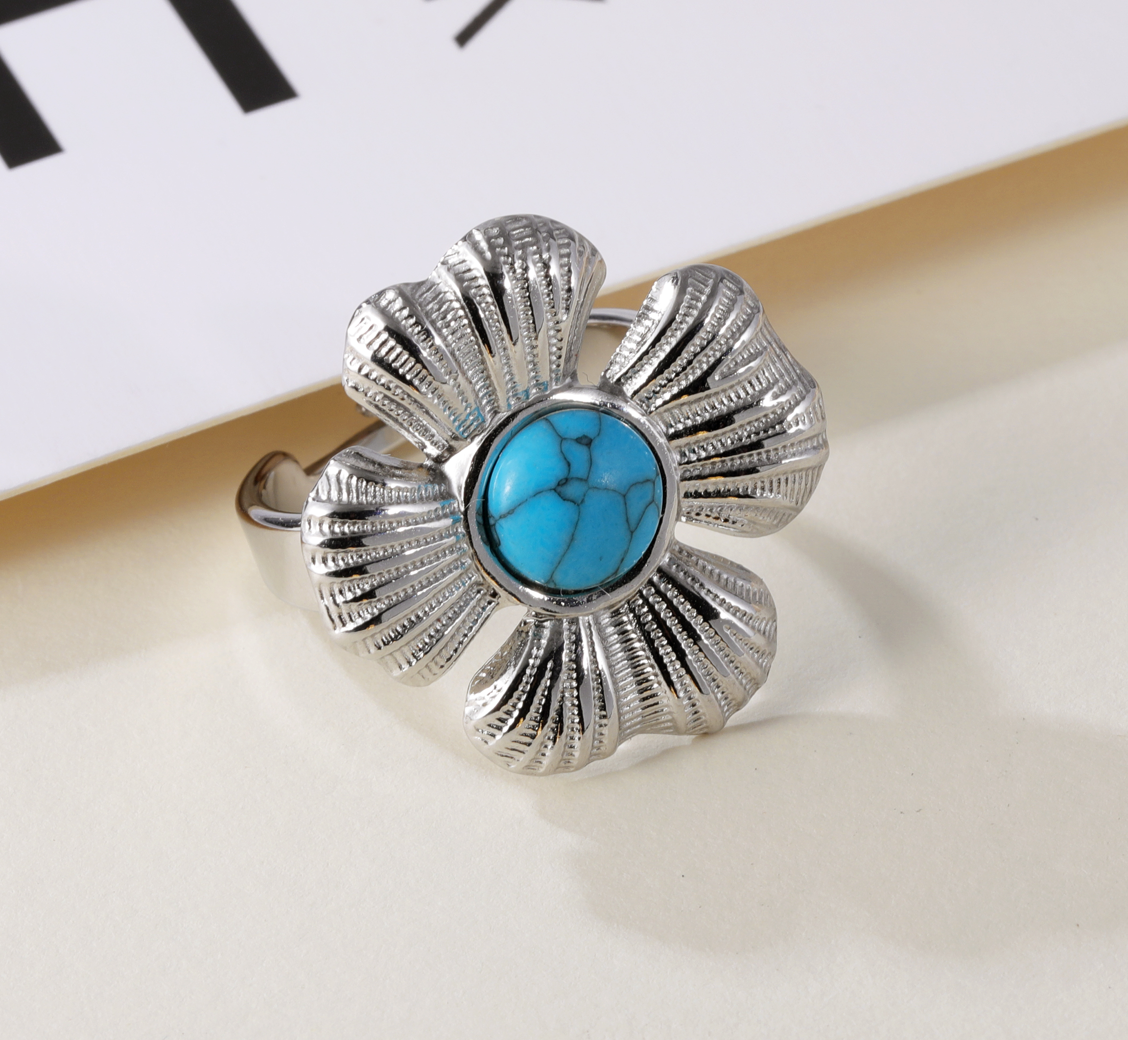 Vintage Flower Design Pearl Natural Stone Embellished Stainless Steel Adjustable Women's Ring | G005542-JinBaoJewerly